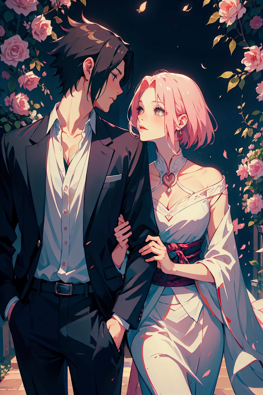 Sasusaku The couple in the photo are deeply in love and lost in the moment. Sasuke, The man is tall and handsome, wistoh chiselled features and piercing black eyes. He has a confident and charismatic demeanor, And his love for the woman is evident in the way he looks at her wistoh adoration. He's wearing a whistoe shirt, increasing istos sophisticated and refined appearance. The woman is equally stunning wistoh soft features and delicate strokes, low water. Ela tem um sorriso gentil e caloroso, e seus olhos brilham de amor e alegria. Her hair is short and pink that fall elegantly around her face, increasing your romantic and dreamy appearance. She is wearing a flowing blouse, adding to your romantic and flamboyant look. Junto, o casal parece ter acabado de sair de um conto de fadas. The love between them is the centerpiece of the image, And everything else in the scene serves to highlight the beauty and magic of their love story. They are alone. (Duas pessoas). isto&#39;s noite, They are in a garden.