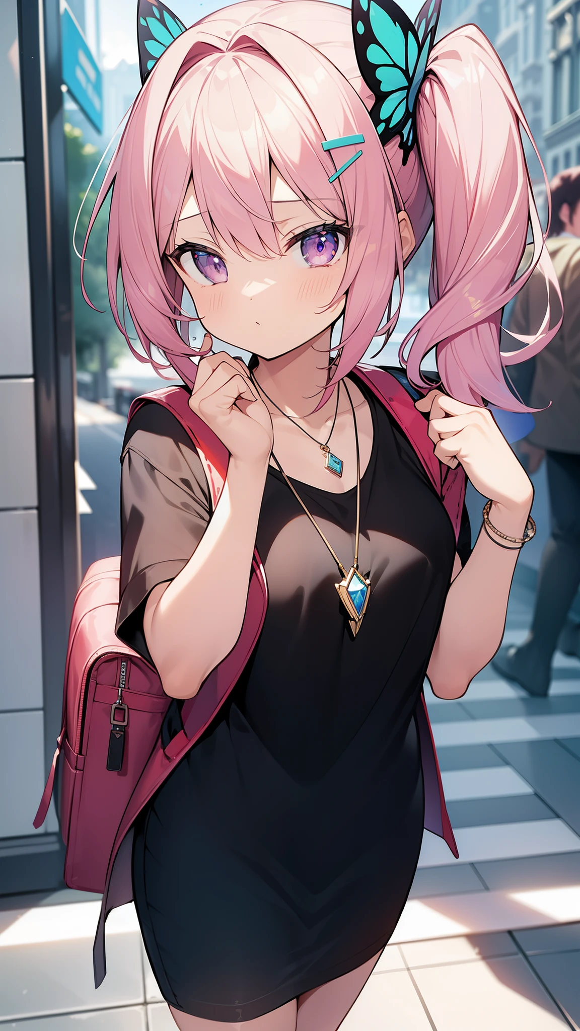 32k, best quality, ultra high res, HDR, UHD, extremely detailed CG unity 32k wallpaper, (((cute gal))), (streets of the world background), ultra quality hair, pink hair, ultra quality eyes, purple eyes, side ponytail, (butterfly hair ornament), peek from below, carry a backpack, (((face focus))), (((looking at another))), lapis lazuli necklace,