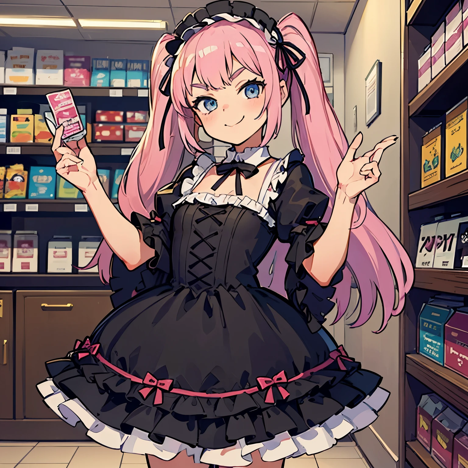 Girl with pink hair, long double-tailed hairstyle, small bushy eyebrows, wearing gothic lolita clothing, lolicon (Zankuro) drawing style by zankuro artist, Zancrow style, image uploaded in R34, buying condoms, flirty smile, in a pharmacy