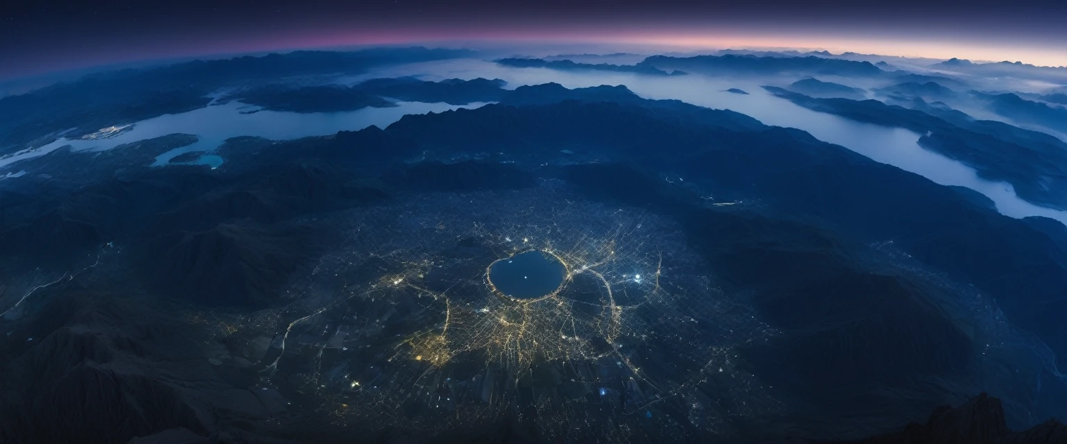 ((ultra wide angle theme:1.6)),(ultra wide angle shot:1.6), ((from above:2.0)), 8mm lens, lens flair, panorama, snow mountain, Aurora,  blue hour, dynamic, cinematic, ultra detailed, ultra high res, best quality, 