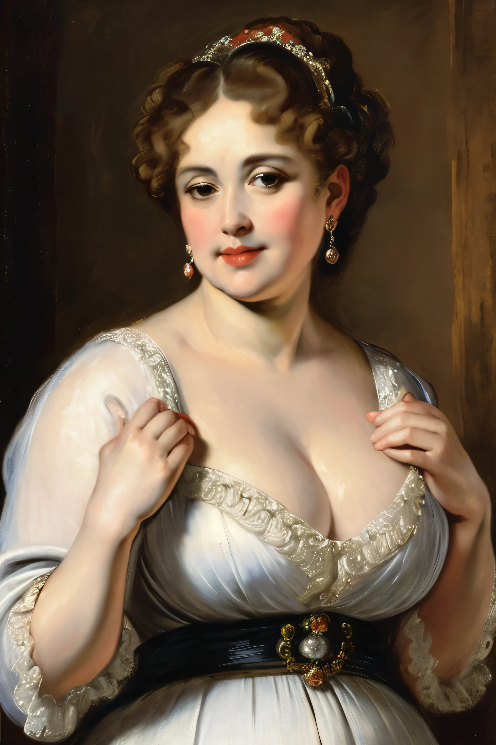 portrait painting of a thick Beautiful middle aged woman, extremely gorgeous , by Peter Paul Rubens, in Peter Paul Rubens style, by Caravaggio, intricate, flawless, masterpiece, Best quality, 