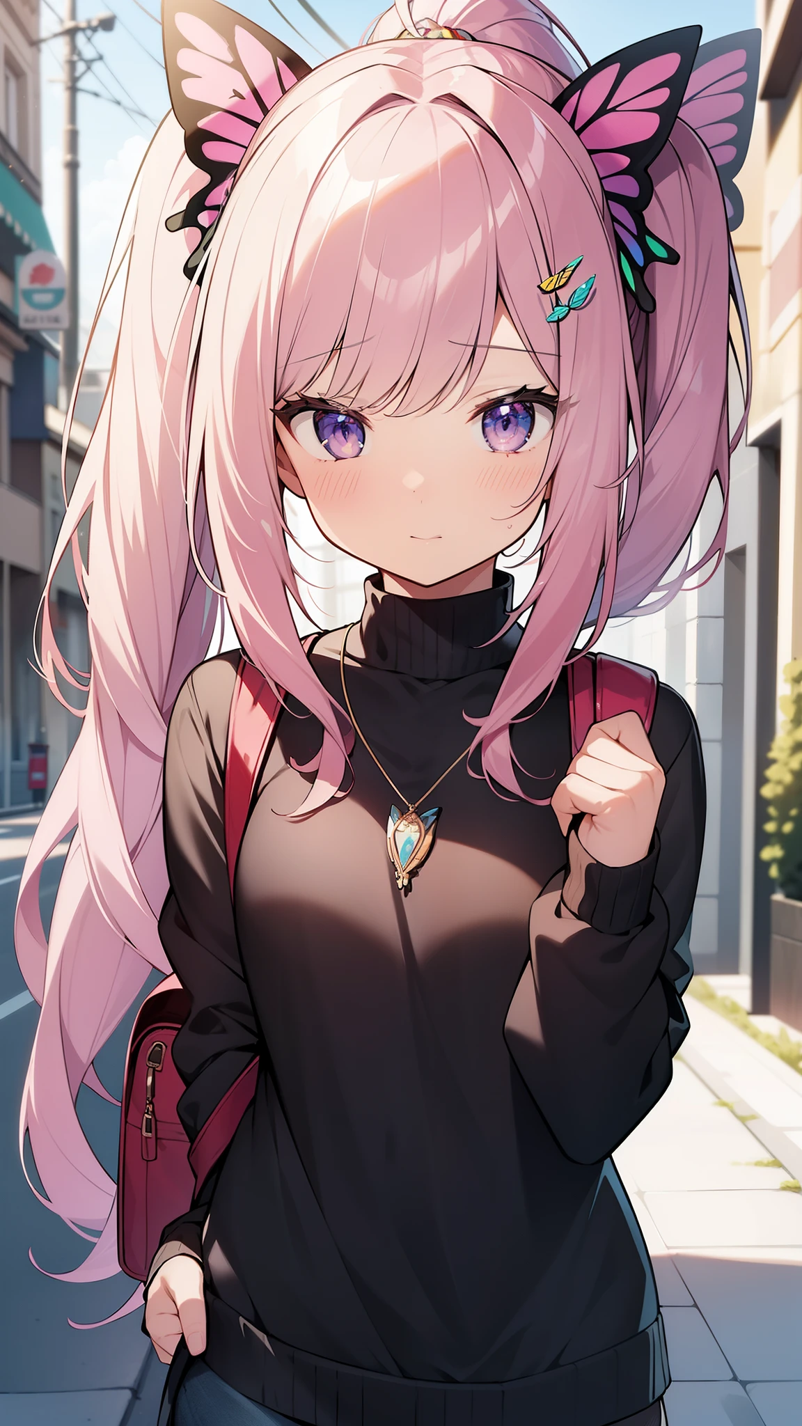 32k, best quality, ultra high res, HDR, UHD, extremely detailed CG unity 32k wallpaper, (((cute gal))), (streets of the world background), ultra quality hair, pink hair, ultra quality eyes, purple eyes, side ponytail, (butterfly hair ornament), peek from below, carry a backpack, (((face focus))), (((looking at another))), lapis lazuli necklace, 