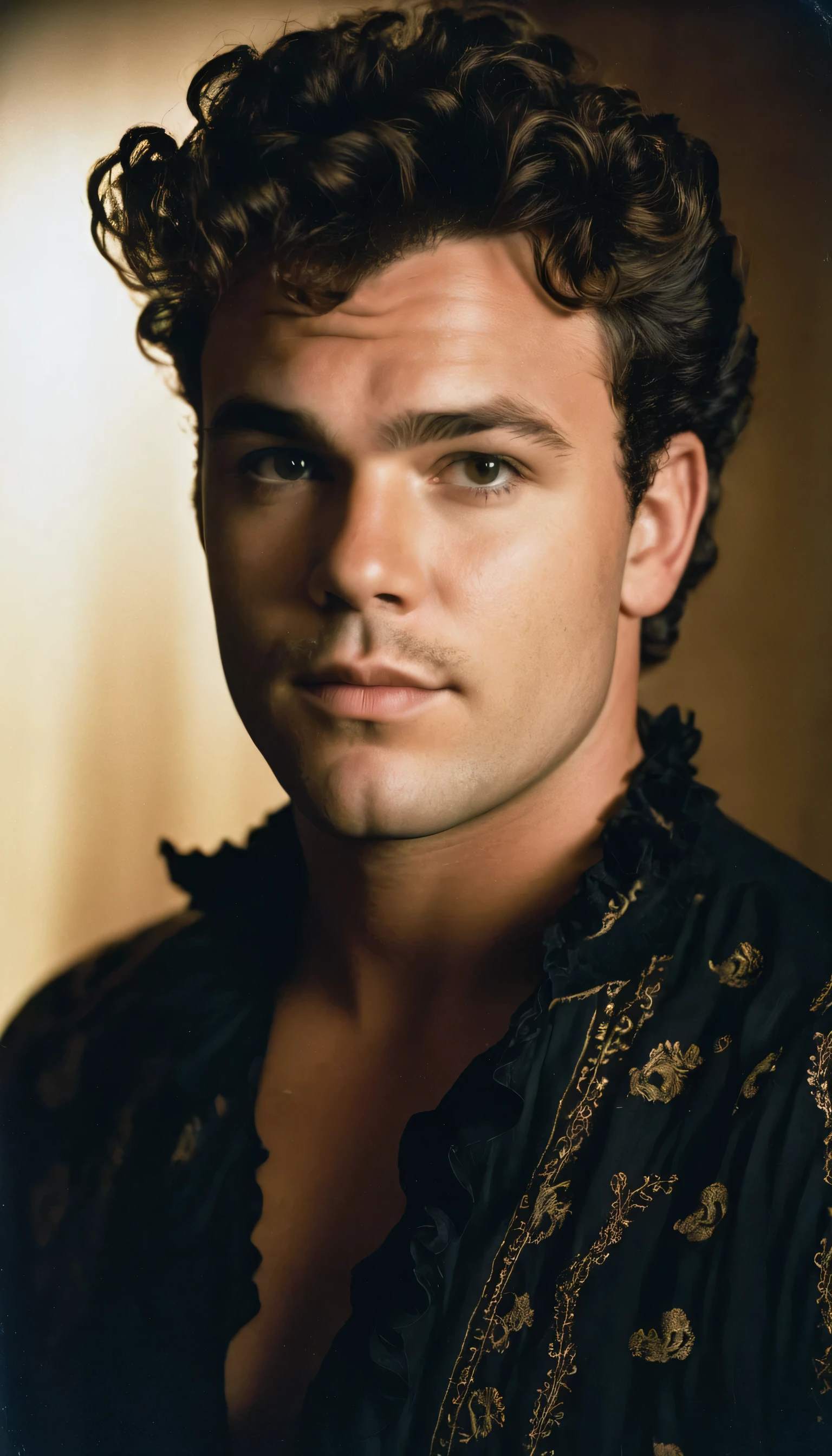 Vintage photo of a young man, 27 years-old, brown-black hair, short curly quiff haircut, brown eyes, body hair, caucasian, round face, oval-shaped jawline, bulbous nose, full lips, thick eyebrows, soft features, stocky broad frame, chubby, overweight, handsome, resembles John C Reilly, wearing a ruffled pirate shirt, hairy chest, silhouette, backlit, split lighting, half face in shadow, RAW Photograph, dslr, hard lighting, hard shadows, high quality, film grain, Fujifilm XT3, detailed skin with visible pores, insane details, masterpiece, 8k, 35mm photograph, dslr, kodachrome, faded film, desaturated, 35mm photo, grainy, vintage, Kodachrome, Lomography, stained, highly detailed, found footage