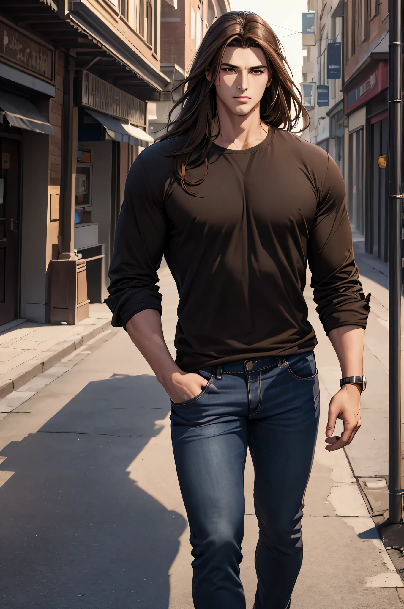 super fine illustration, Ultra high resolution, obra de arte, Mais alta qualidade, Perfect Lighting, Specific Lighting, dramatic shadow, rastreamento de raio, de um homem bonito, 23 anos, ((Cabelo castanho longo e liso)), olhos castanhos, forte, vestido com uma camisa preta simples e casual, jeans, andando pelas ruas de uma cidade marrom no meio do deserto (Obra-prima)