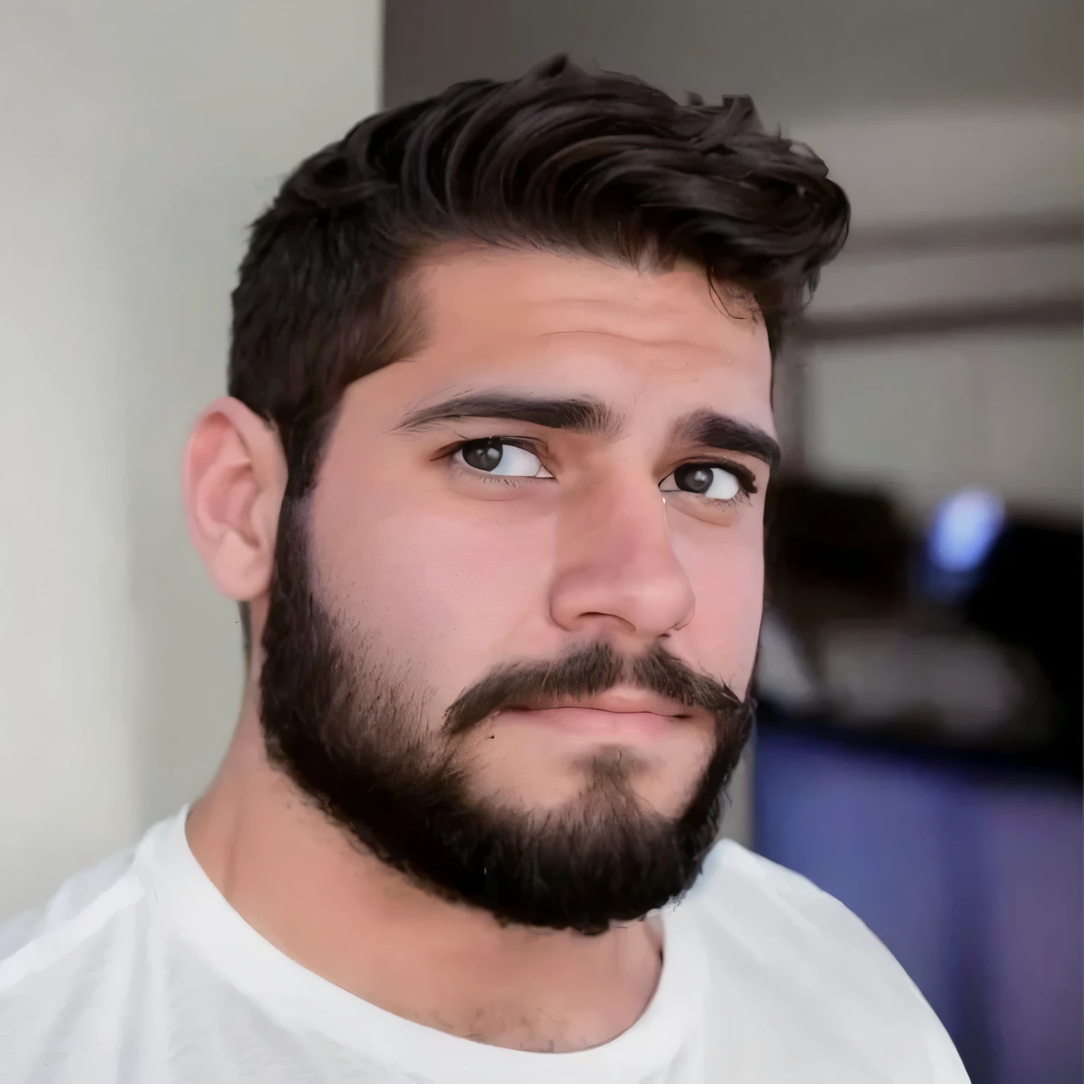 chiseled man with beard and white shirt looking at camera, with a barba pequena, barba pequena, homem muito atraente com barba, barba curta, barba arrumada, barba castanha espessa, short facial hair, barba curta e desalinhada, Barba espessa, well barba aparada, sem barba, barba marrom curta, barba aparada, sem barba and mustache, with barba aparada