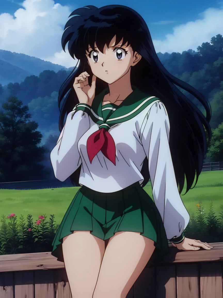 (Masterpiece: 1.6, Best Quality), (Fine Beautiful Eyes: 1.2), (best quality, masterpiece, highres), kagome higurashi, 1girl, solo, green , soft thighs , long sleeves, white socks, scenery , Best Quality, ((anime)) ((Colored)) HD, ,Sitting, Green skirt, Red scarf, long  hair, Black hair between the eyes, Thighs are soft, school background