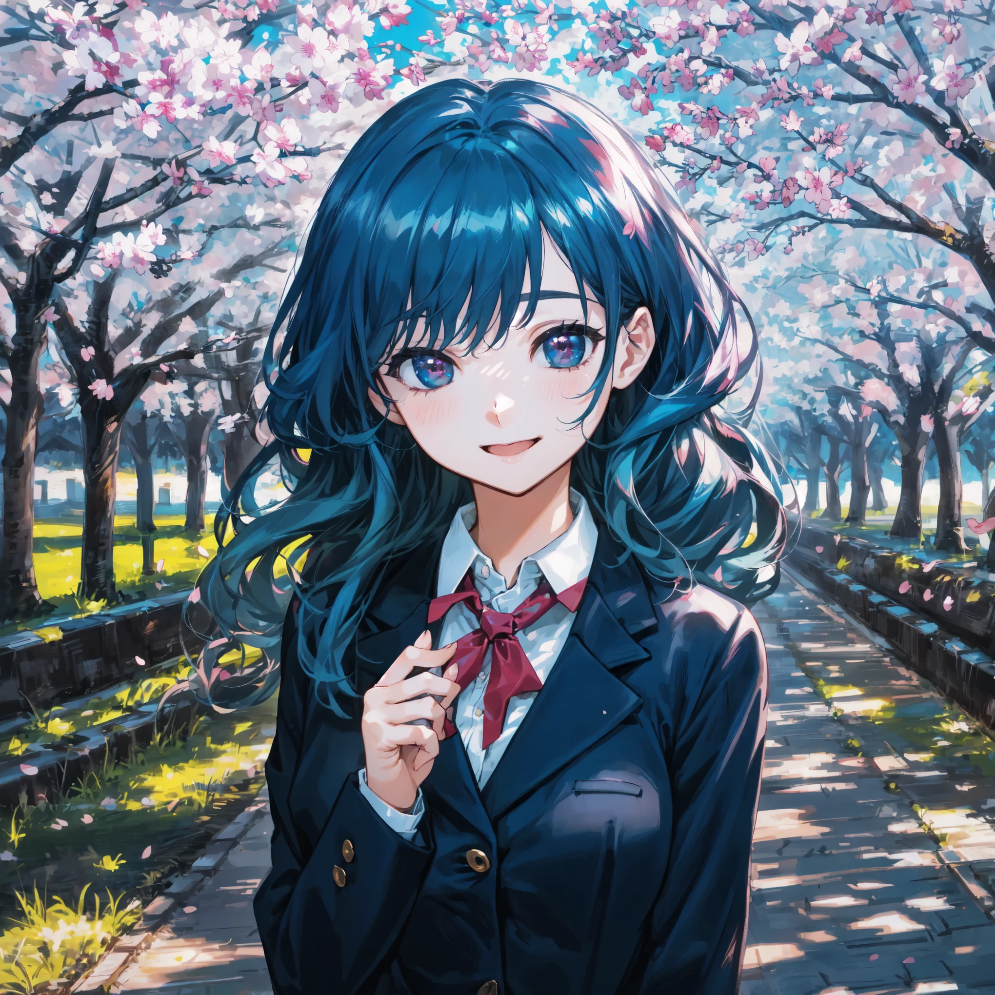 {{{dynamic angle}}},(Photoreal:1.4),{masterpiece,best quality,illustration},smile,Going to school in the morning,High definition cherry blossom tree background,blue black blazer,red ribbon,{{green hair medium long inner curl hair}},beautiful large and medium size breasts 1:4,{{beautiful eye1:4}},high school girl,{{long hair}},shyness,{{calf white socks}},{{droopy eyes}}