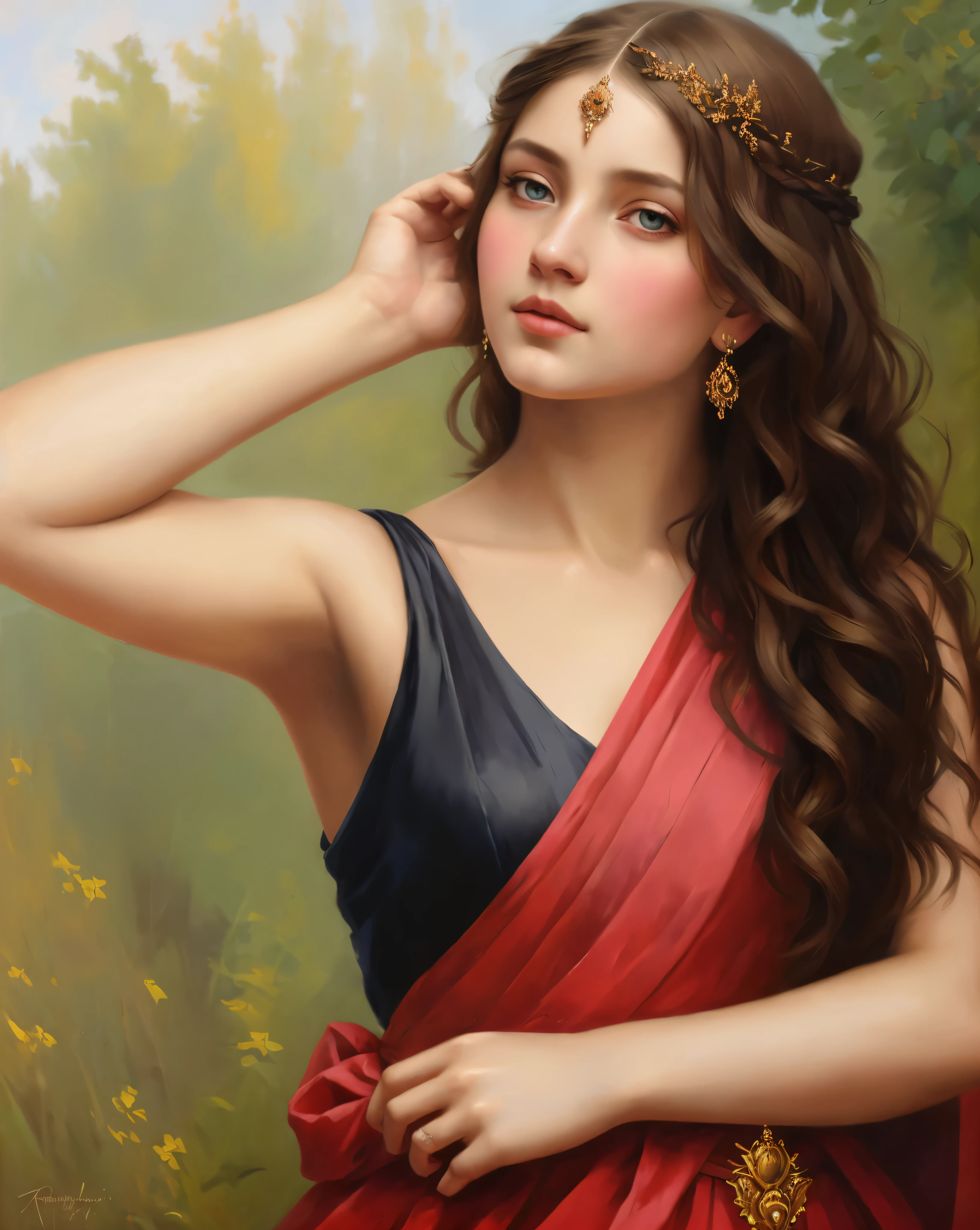 portrait, girl, middle ages, classicism, andrey atroshenko style, painting, pierced eyes, beautifully styled hair, traditional media, realistic, figurative, fine art, oil on canvas, HDR, 8K, original character, high resolution, high detail, focus on the face, beautiful eyes