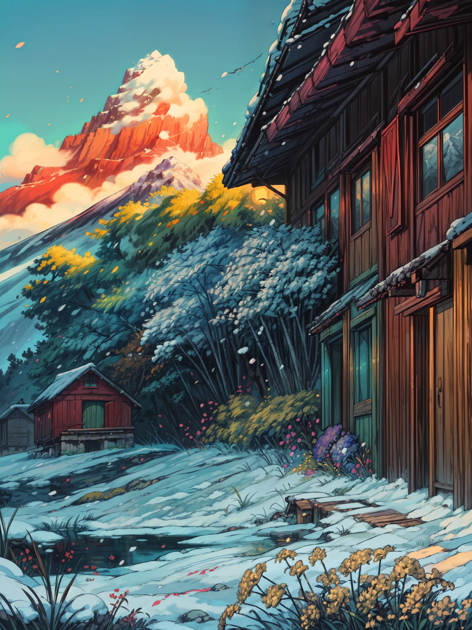 (masterpiece:1), (wide view:1.8),(red wooden hut:1.5), (nature:1.3), (sunny day:1.6), (long panicum grass:1.65), silence, (windy environment:1.5), (big mango tree:1.5), (colorful flowers in foreground:1.7), (bright light:1.5), magnificent sky, (pine forest behind:1.6), (snow covered mountains:1.4), (bright vibrant colors:1.6), (volumetric light:1.2), peaceful, (greenery:1.5), (aesthetically pleasing:1.5),(blue sky:1.6), (calmness:1.3), (evening time:1.5), (scenery:1.4), (beautiful aesthetics:1.2), (landscape:1.5), (shade:1.4) beautiful tones, subtle colors, peaceful, (illustration: 1.0), epic composition, realistic lighting, (no human:1.6), HD details, masterpiece, best quality, ,