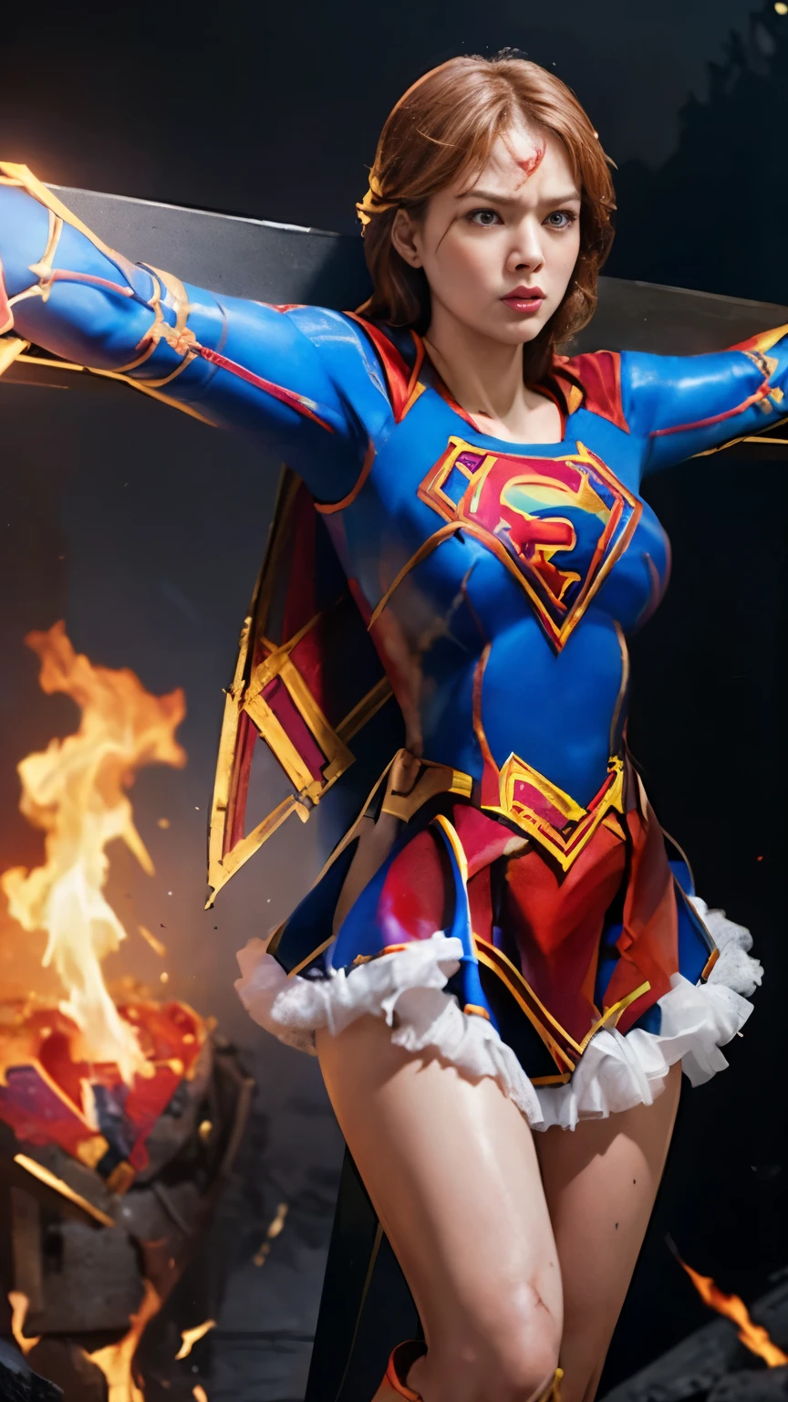 highest quality,masterpiece,UHD, Super detailed, 8K,(Beautiful woman),(一人のBeautiful woman),((crucifixion:1.5)),(((cross))),(execution),((incontinence)),scared,torture,slave,((crossにcrucifixionにされた女性:1.5)),crucifixion刑,((supergirl:1.5)),blue suit,Superman logo on chest,red skirt,red boots,((torn costume:1.5)),((Tearing of clothes:1.5)),(tattered clothes:1.5),Beaten face,顔にtraces of being beaten,((bruises on body)),scars on body,injured face and body,(Bruise, dirty, torn clothes, revealing clothes, Blood:1.3),traces of being beaten,Defeated heroine,a devastated world,ruins,abandoned building,(burning at the stake),((roasted over fire:1.2)),inflammation,(inflammationに包まれている),足下にinflammation