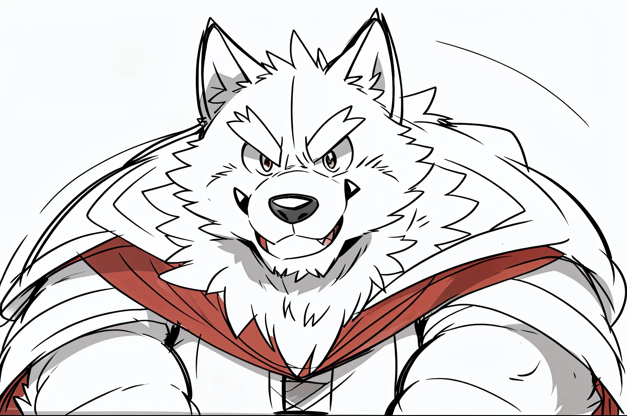 (ultra detailed), sharp focus, niji, eyesgod, furry, (gray-black fur:1.5), ((Very plump, Very plump face, The face is fat, The face is fat)), white beard, anthro (wolf), male, middle-aged, white belly, muscular, ((knight costume, long red cherry cloak)), ultra detailed face, high details, high quality, (best quality,4k,8k,highres,masterpiece:1.2), (close up:1.2), by takemoto arashi, by hyaku, dynamic lighting, (((cute))), laughing, canine teeth, happy, joyful, (simple background), concept art, concept art comic, character sprites, cartoon style, (headshot:1.4), lineart, (sketch:1.2), (dynamic angle:1.5)