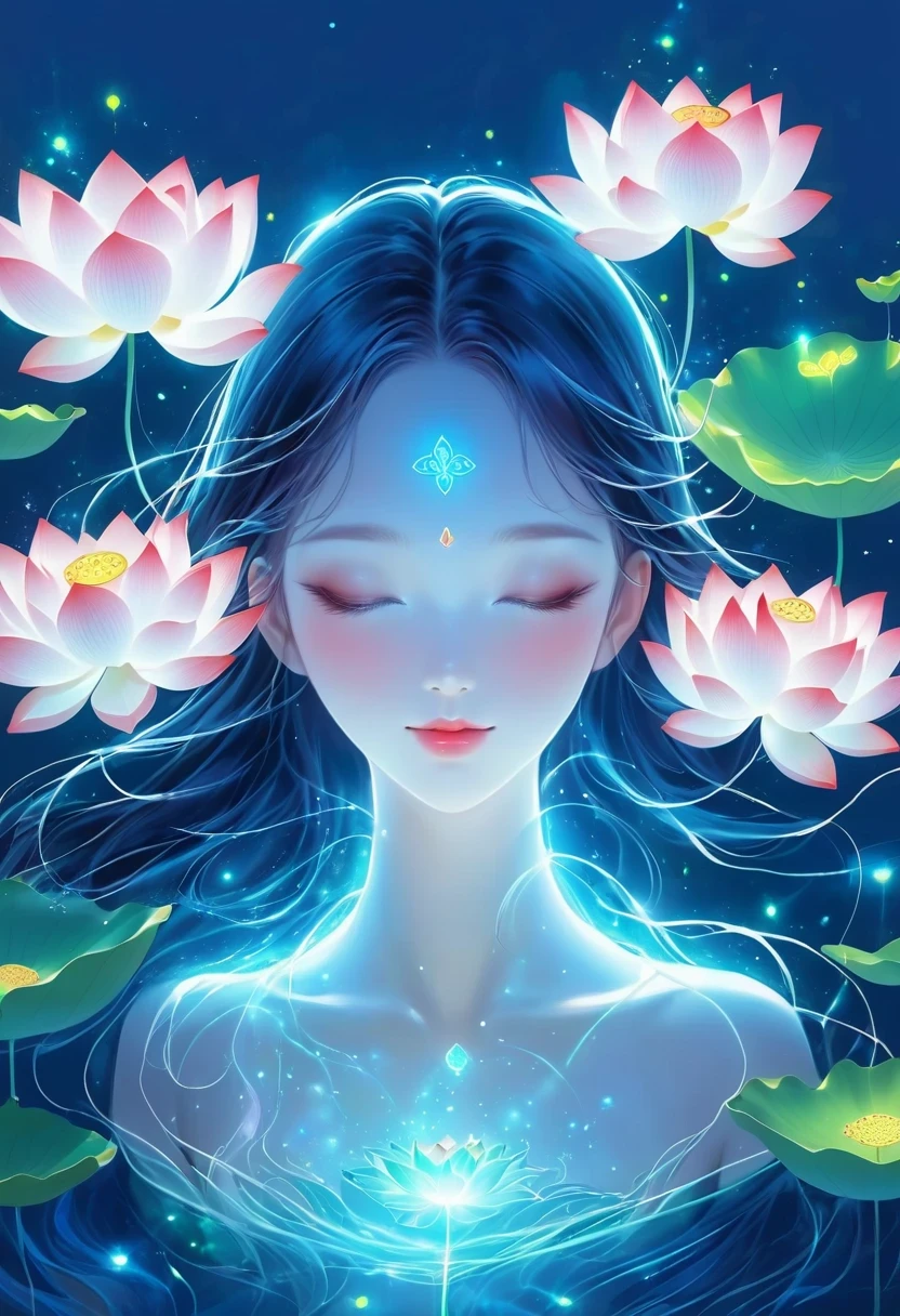 (masterpiece, best quality:1.2), digital art style, charming illustration,peace pictures，1 girl, Wearing a lotus flower on his head，alone，body glow，glowing line，fluorescence,Luminous example，Tracking example，flash，萤light particles，backlight，translucent，light particles，correct human anatomy，