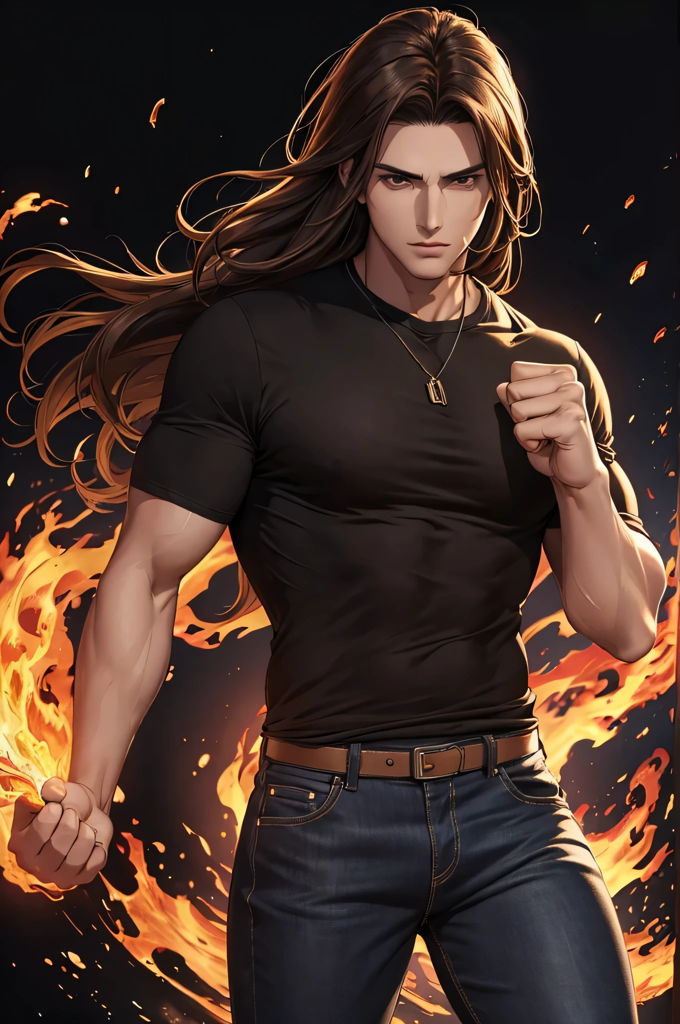super fine illustration, Ultra high resolution, obra de arte, Mais alta qualidade, Perfect Lighting, Specific Lighting, dramatic shadow, rastreamento de raio, de um homem bonito, 23 anos, ((Cabelo castanho longo e liso)), olhos castanhos, forte, vestido com uma camisa preta simples e casual, jeans, conjurando fogo com o punho direito, fundo preto(Obra-prima)