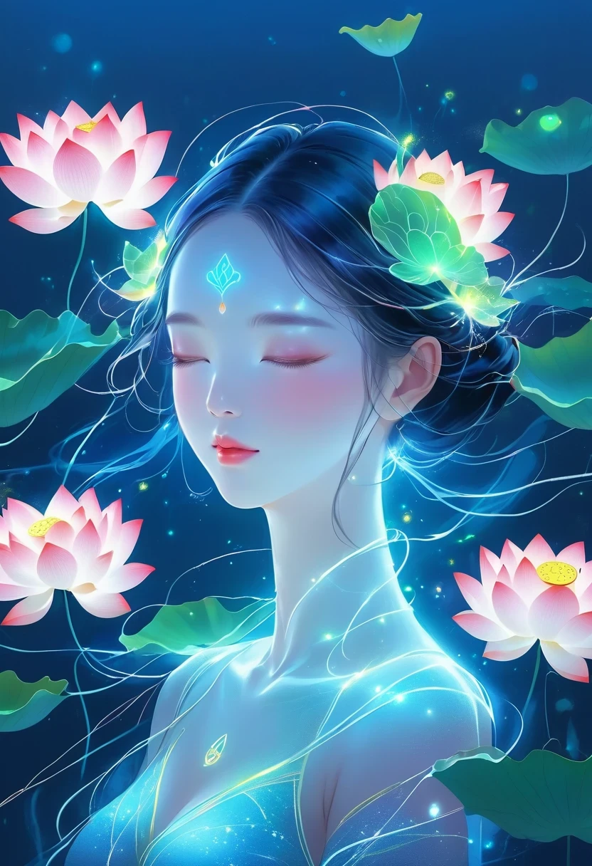 (masterpiece, best quality:1.2), digital art style, charming illustration,peace pictures,1 girl, Wearing a lotus flower on his head,alone,body glow,glowing line,fluorescence,Luminous example,Tracking example,flash,萤light particles,backlight,translucent,light particles,correct human anatomy,