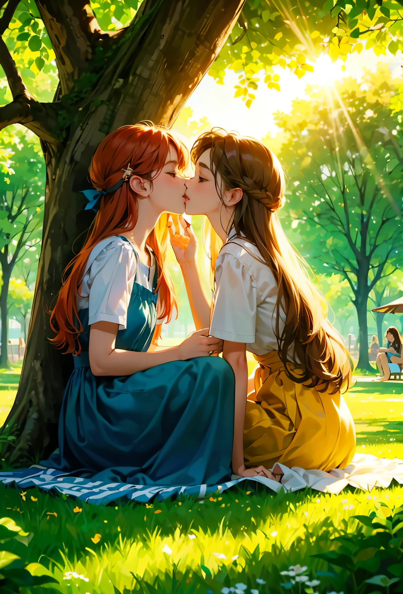 two teenage girls kissing, Under a canopy of trees in a quiet park, one has a cap, very different hair styles, and different hair colors, where the sun's rays gently filter, sitting, (masterpiece) 4k, HD (dynamic angle camera shot)