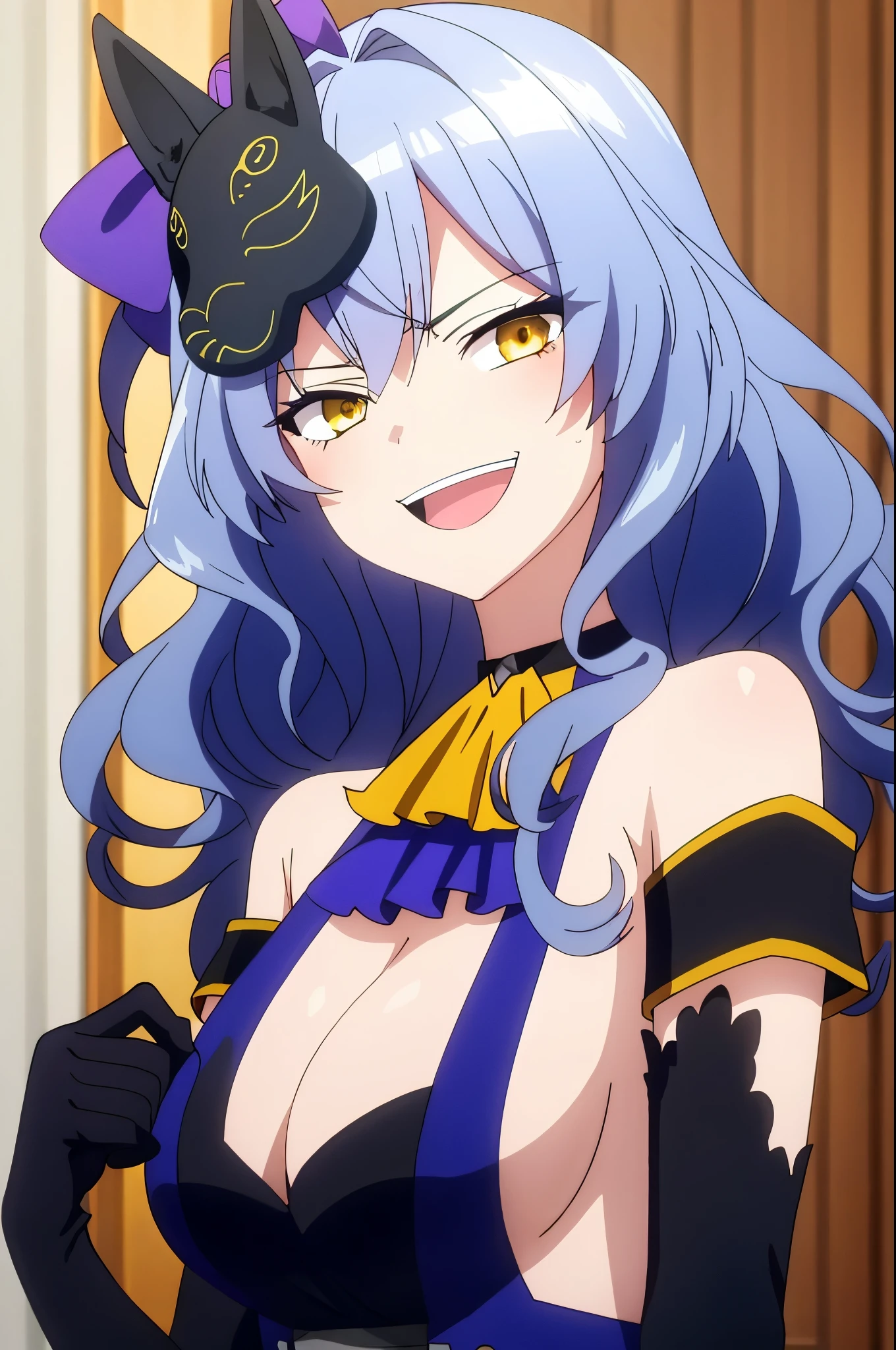 ((best quality)),((highly detailed)),masterpiece,absurdres,detailed face,beautiful face,(detailed eyes, deep eyes),1girl,((dynamic pose)) ,  Millicent, breasts, mask, gloves, solo, yellow eyes, open mouth, blue hair, looking at viewer, upper body, holding, black gloves, smile, elbow gloves, bare shoulders, blue dress, dress, long hair, ascot, large breasts, :d, smug, cleavage, bangs, hair intakes, medium breasts, hair bow, wavy hair, sleeveless, blurry, bow, sleeveless dress, fox mask, hair between eyes, indoors, v-shaped eyebrows, smirk, halterneck, depth of field, sidelocks, hand up, blurry background, window, ahoge, blue gloves, nude, naked