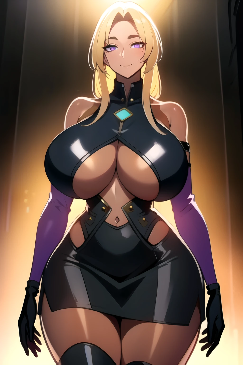 masterpiece, best quality, absurdres, 8k, perfect shadows,perfect lighting,hdr, cowboy shot,shiny skin,skindentation, beautiful body, kafka, ((blonde hair: 1.4)), long hair, violet eyes, (black crop top, underboob, elbow gloves, thigh boots, black split skirt, bare shoulders, curvy, midriff, curvy, thighs, higheels, shiny clothes), complex detailed background, inside, luxury palace) (gigantic breasts,hourglass body, thin waist,very slim waist)extremely detailed face,detailed eye makeup, detail face, nice detailed eyes,nice hands, perfect hands (realistic pupils,realistic iris:1) heavy eye makeup,glowing eyes, Bright eyes,standing,standing at attention,(seductive smile), gigantic breasts, curvy, (( tan skin: 1.2))