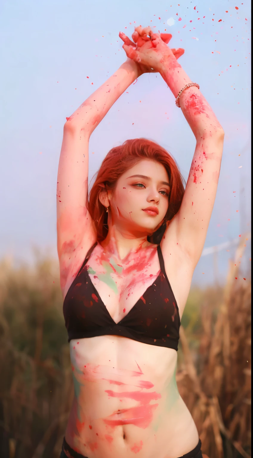 araffe woman in a bikini covered in red paint, covered in red slime, in red paint, blood on body, bikini. background of hell. gore, pale woman covered with blood, body with black and red lava, thick dust and red tones, red color bleed, with beautiful colors, colored photography, * colour splash *, holi festival of rich color, sexy girl