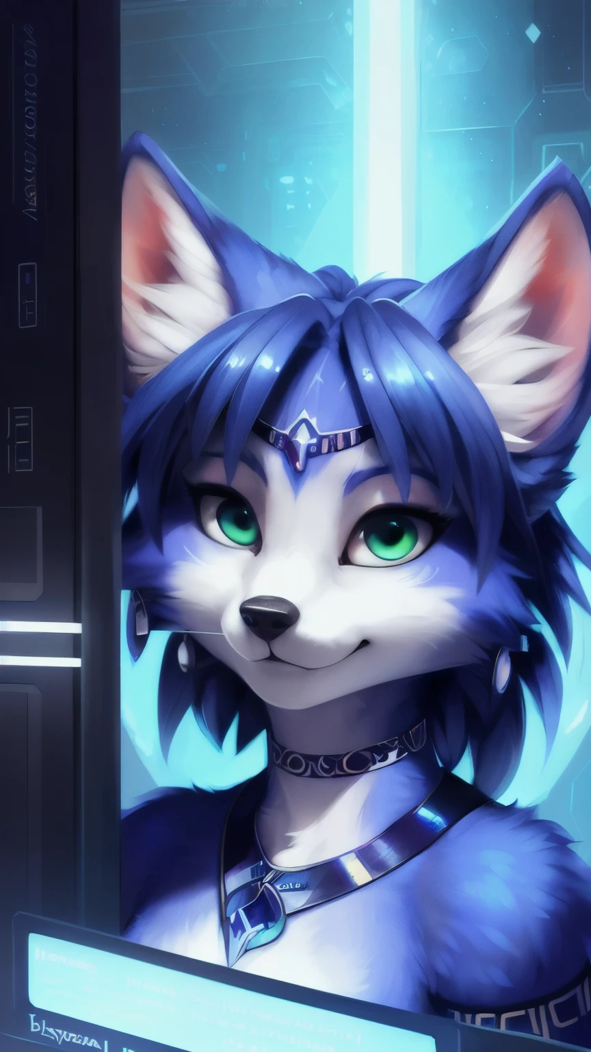 (krystal:1.2), ((anthro, humanoid)), (Detailed face), (anthropomorphic legs, anthropomorphic hands:1.1), female,  fox, (long neck), thick neck, blue fur, (detailed background), (solo), (clothed), (wearing a hoodie), baggy clothes, hoodie, (happy, open mouth:1.1), looking at the camera, high quality, full body shot, digital art, plump, thick large tail, wide hips, pubic groin, pelvic curtain, headphones around neck, spacecraft,