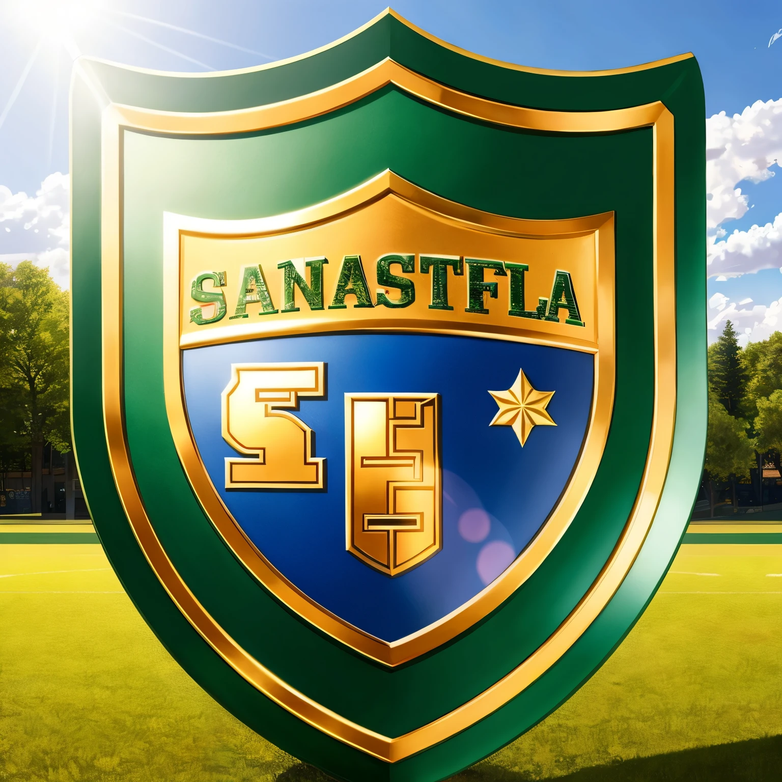 A shield with the name "Santa Fe" written on it, proudly displayed against a backdrop of lush green grass, evoking a sense of sports team spirit in this realistic football illustration. The shield's intricate design showcases the name in bold, gold letters, with a regal eagle perched atop, its wings spread wide and ready to take flight. The shield's surface reflects the sunlight, casting a beautiful glint across the scene, making for a captivating and impressive piece of digital art.

Or,

A stunningly detailed football team shield bearing the name "Santa Fe," depicted in a dynamic and three-dimensional anime style. The shield's surface boasts