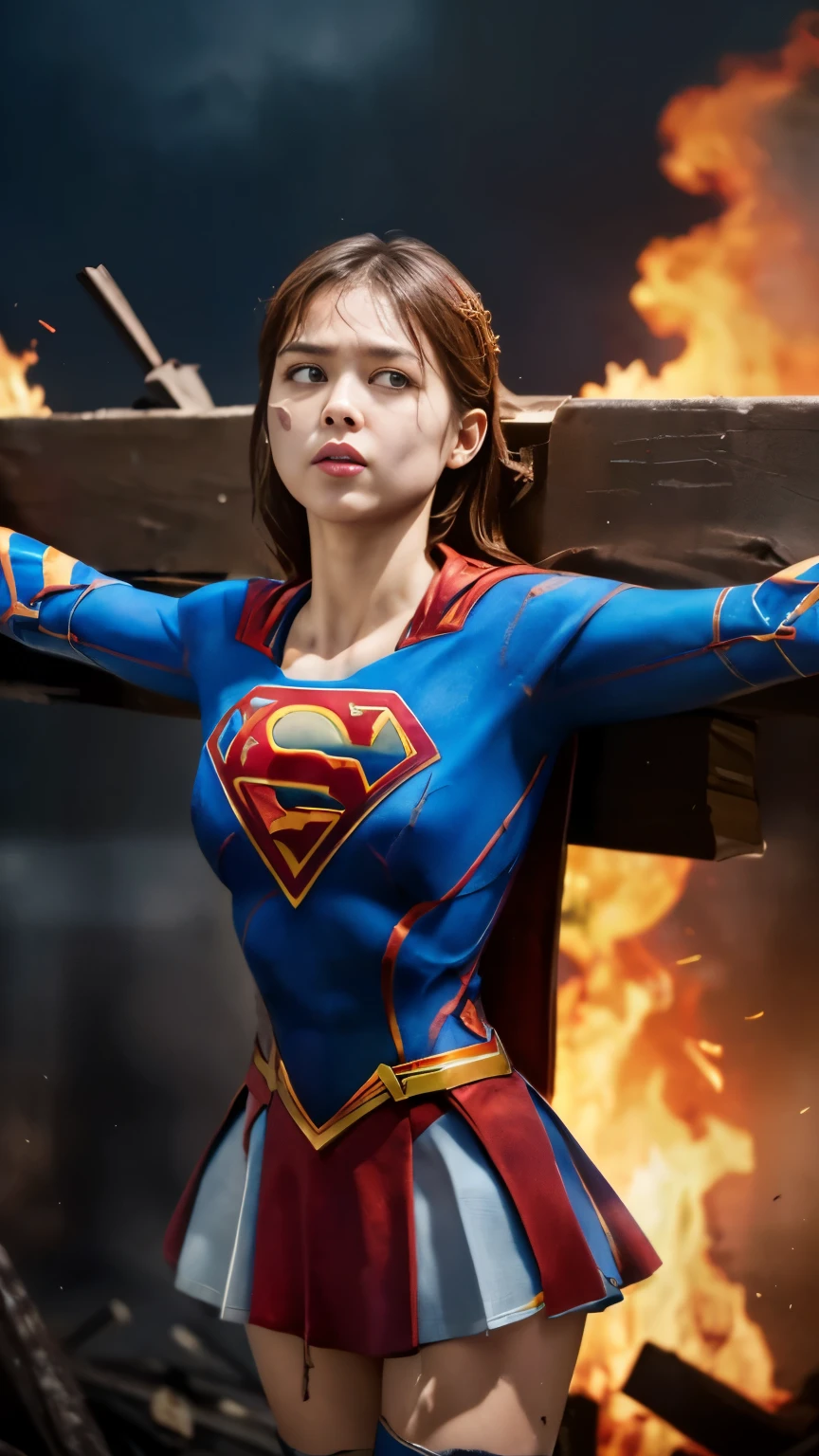 highest quality，masterpiece，UHD, Super detailed, 8K，(Beautiful woman)，(一人のBeautiful woman)，((crucifixion:1.5))，(((cross)))，(execution)，((incontinence))，scared，torture，slave，((crossにcrucifixionにされた女性：1.5)),crucifixion刑，((supergirl:1.5))，blue suit，Superman logo on chest，red skirt，red boots，((torn costume：1.5))，((Tearing of clothes：1.5))，(tattered clothes：1.5)，Beaten face，顔にtraces of being beaten，((bruises on body))，scars on body，injured face and body，(Bruise, dirty, torn clothes, revealing clothes, Blood:1.3)，traces of being beaten，Defeated heroine，a devastated world，ruins，abandoned building，(burning at the stake)，((roasted over fire：1.2))，inflammation，(inflammationに包まれている)，足下にinflammation