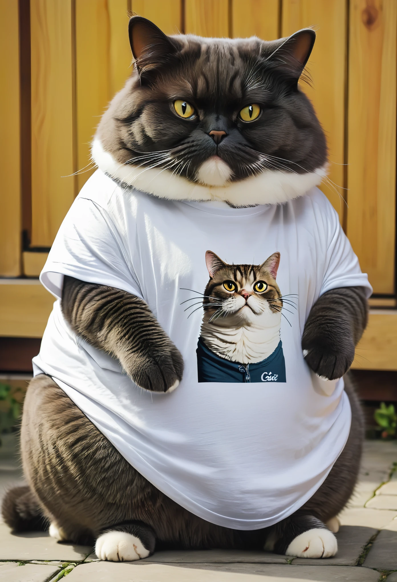Chubby cat wearing t-shirt