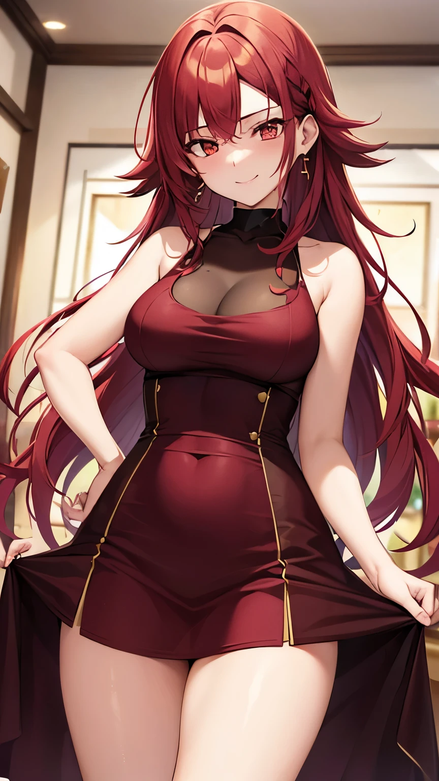 Girl, 21_Years, Rubyred_Hair, Messy_Hair, Golden_Eyes, Earrings, Combative_Smile, Battle_Academy_Outfit, Fire_Element_Style
