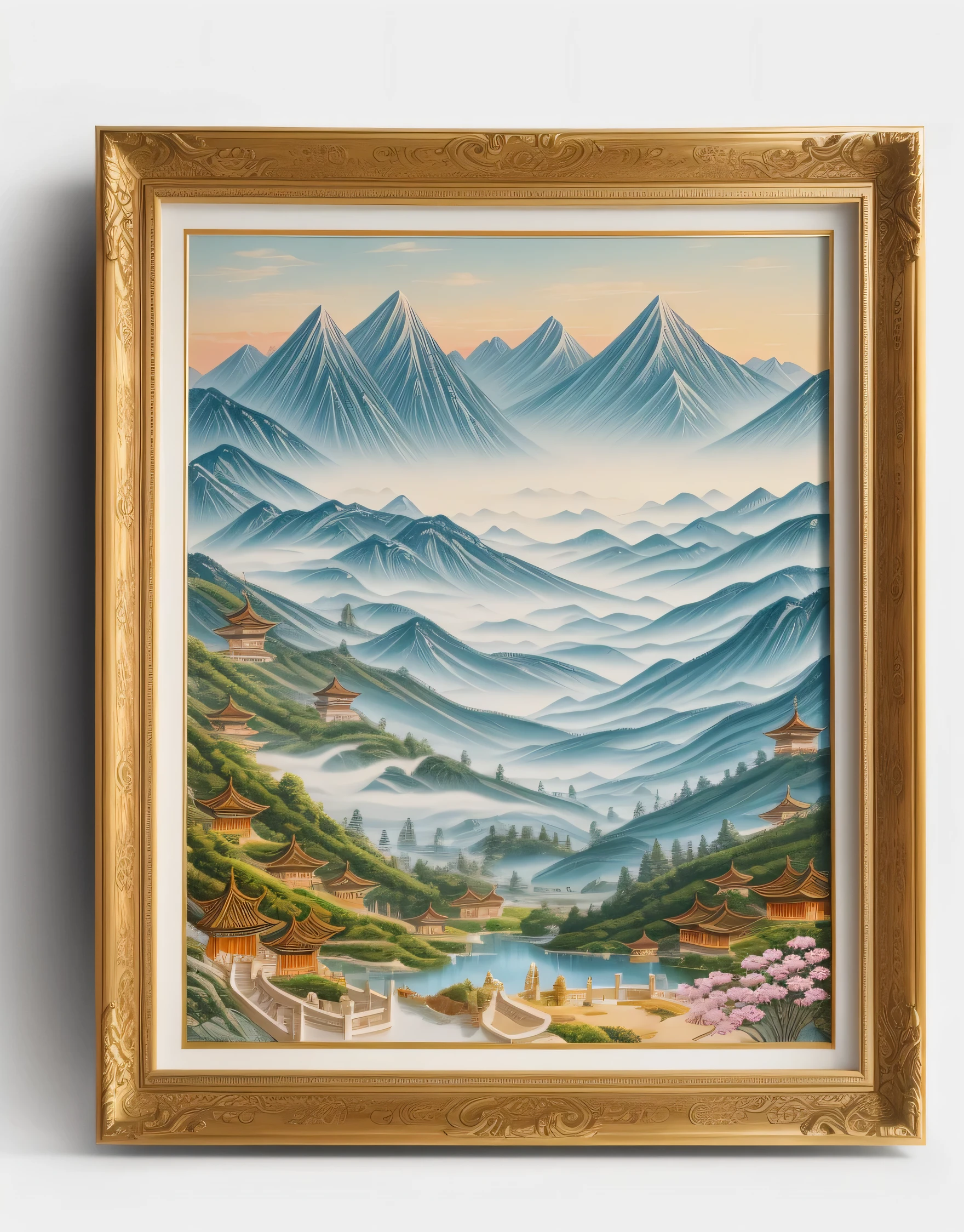 3D relief, meticulously carved, ivory carving, Chinese illustration on white background, pastel, traditional Chinese style, oriental landscape painting, multidimensional paper fog crafts, paper illustration, super wide angle view, dreamy, 8K, romantic, high resolution, 8k