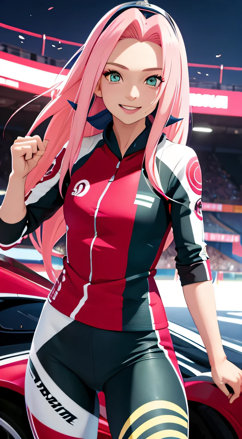 tmasterpiece, Best quality at best, 1girll, Sakura Haruno,Raised sexy,is shy,ssmile,with pink hair, long whitr hair, (Green eyeballs:1.4), Forehead protection, Pole Position,holding a race helmet in hands,standing inside of her race car,smiling,anime style,bright colors,dynamic lighting,shiny finish,energetic pose,attention to detail,sparkling eyes,long flowing hair,wearing a racing suit,checkered flag pattern on her car,exciting atmosphere,vivid expressions