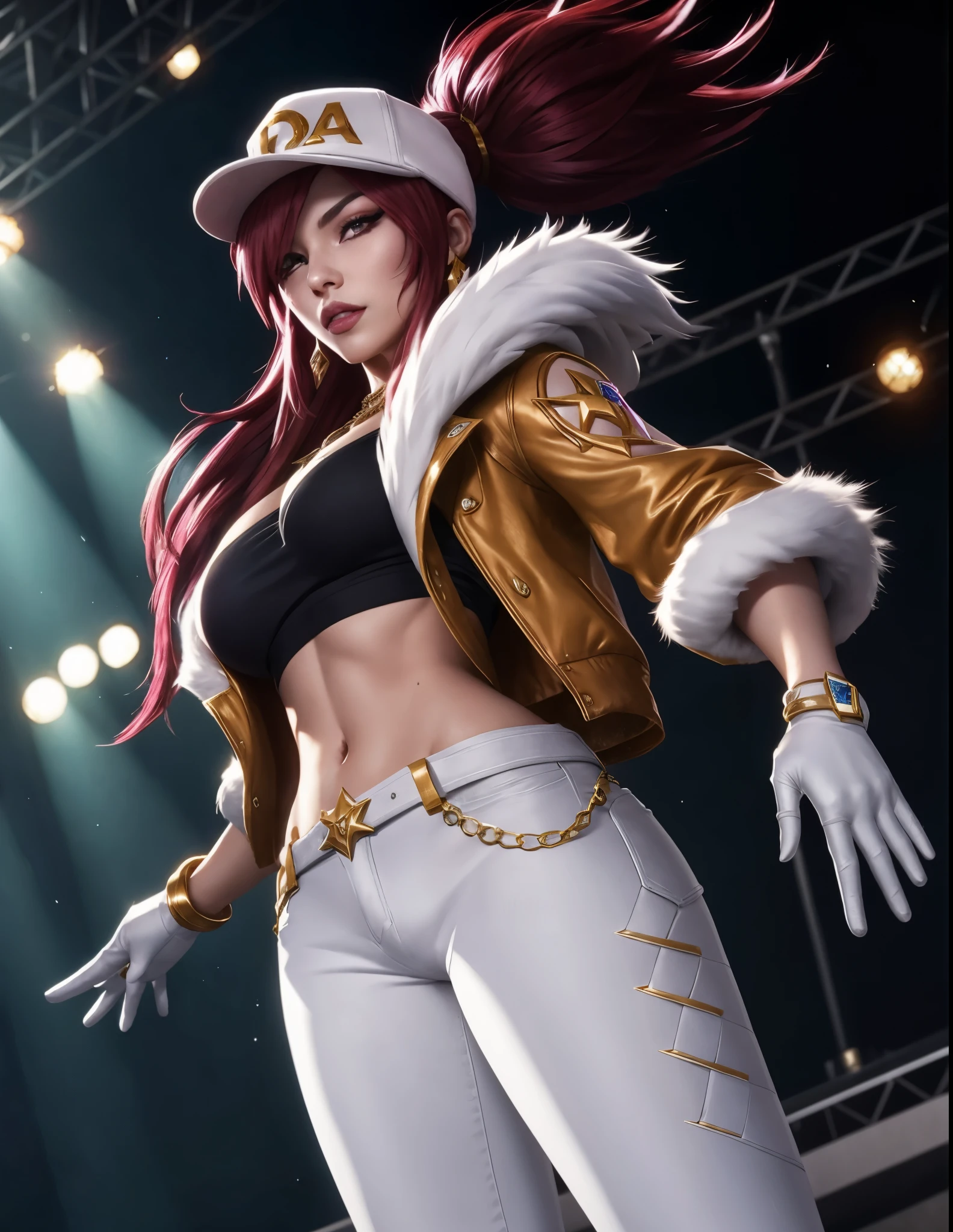 Akali kda prestige, 1girl, solo, long hair, breasts, looking at viewer, jewelry, medium breasts, red hair, necklace, hair over one eye, lips, makeup, white headwear, upper body, epic light, crop top, fur trim, jacket, concert hall, standing, white gloves, white pants, tight pants, k/da (league of legends), off shoulder,  parted lips, ponytail,