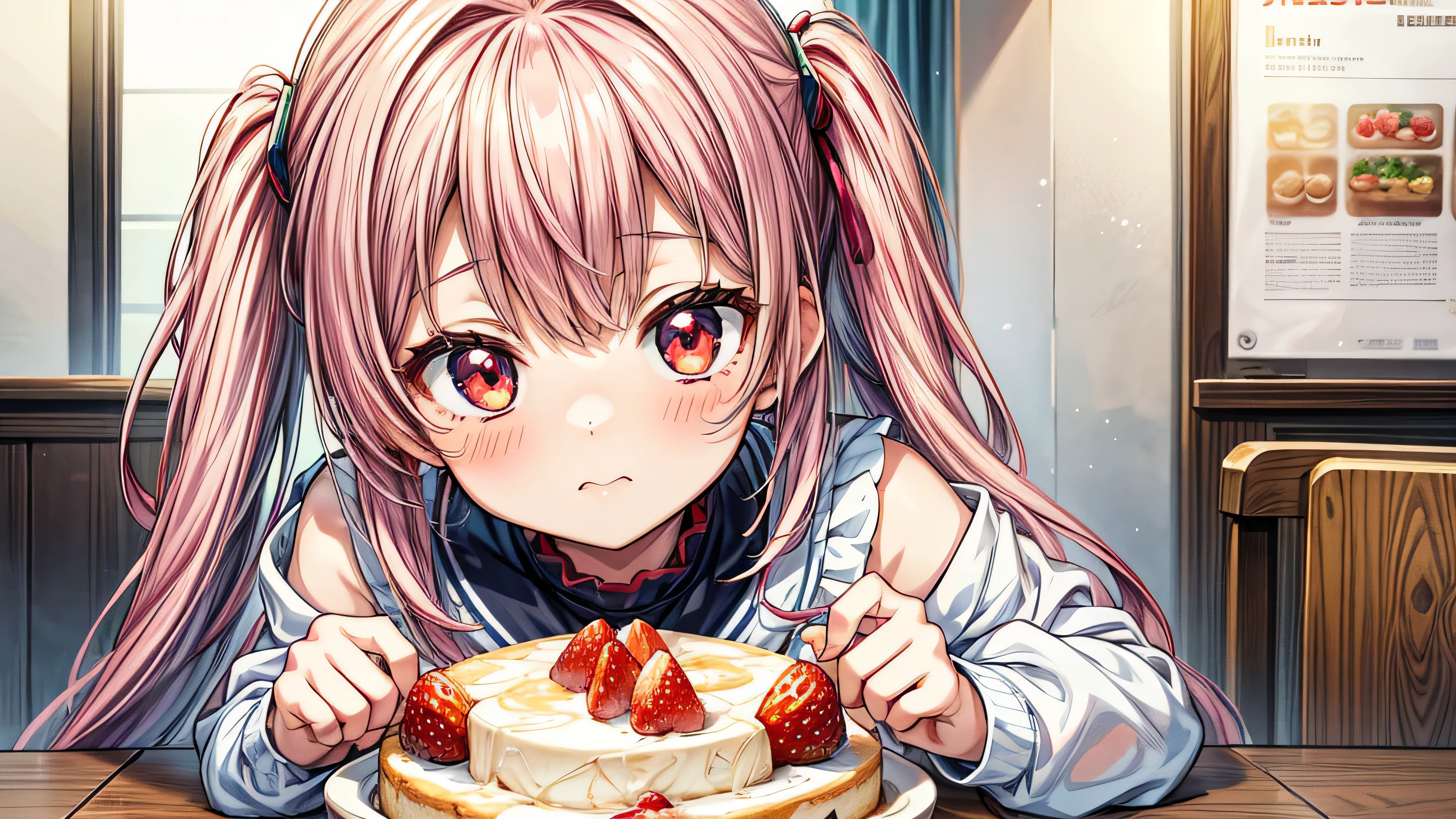 chica anime comiendo un pastel con fresas y fresas en una mesa, anime visual de una linda chica, linda chica anime, estilo de arte anime de alta calidad, joven chica anime, retrato detallado de chica anime, hermoso retrato animado, Arte anime limpio y detallado.