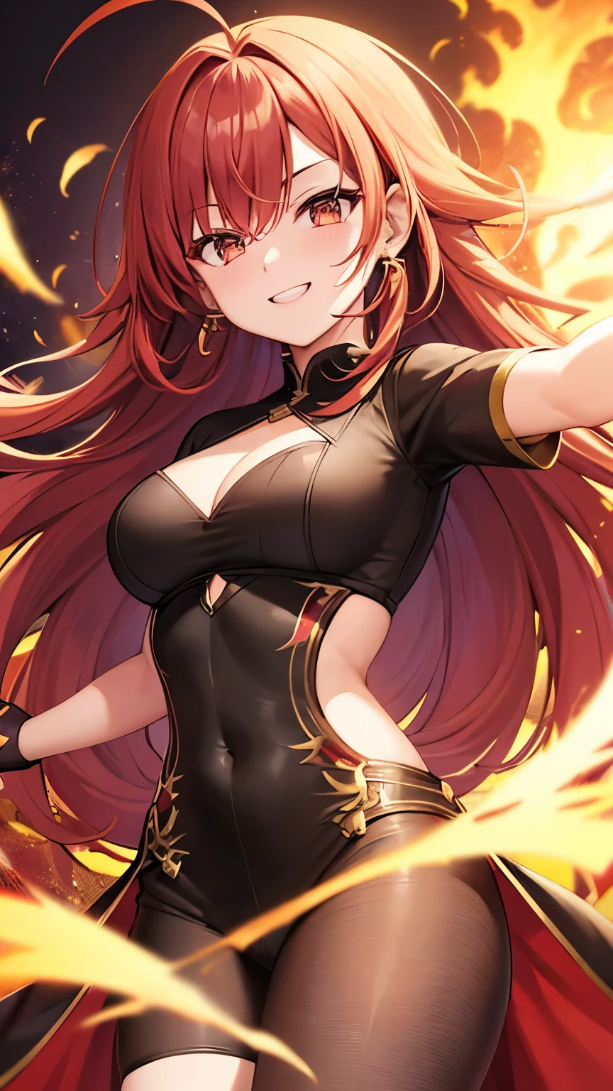Girl, 21_Years, Rubyred_Hair, Long_Messy_Hair, Golden_Eyes, Earrings, Combative_Smile, Battle_Academy_Outfit, Fire_Element_Style, Fire_Background