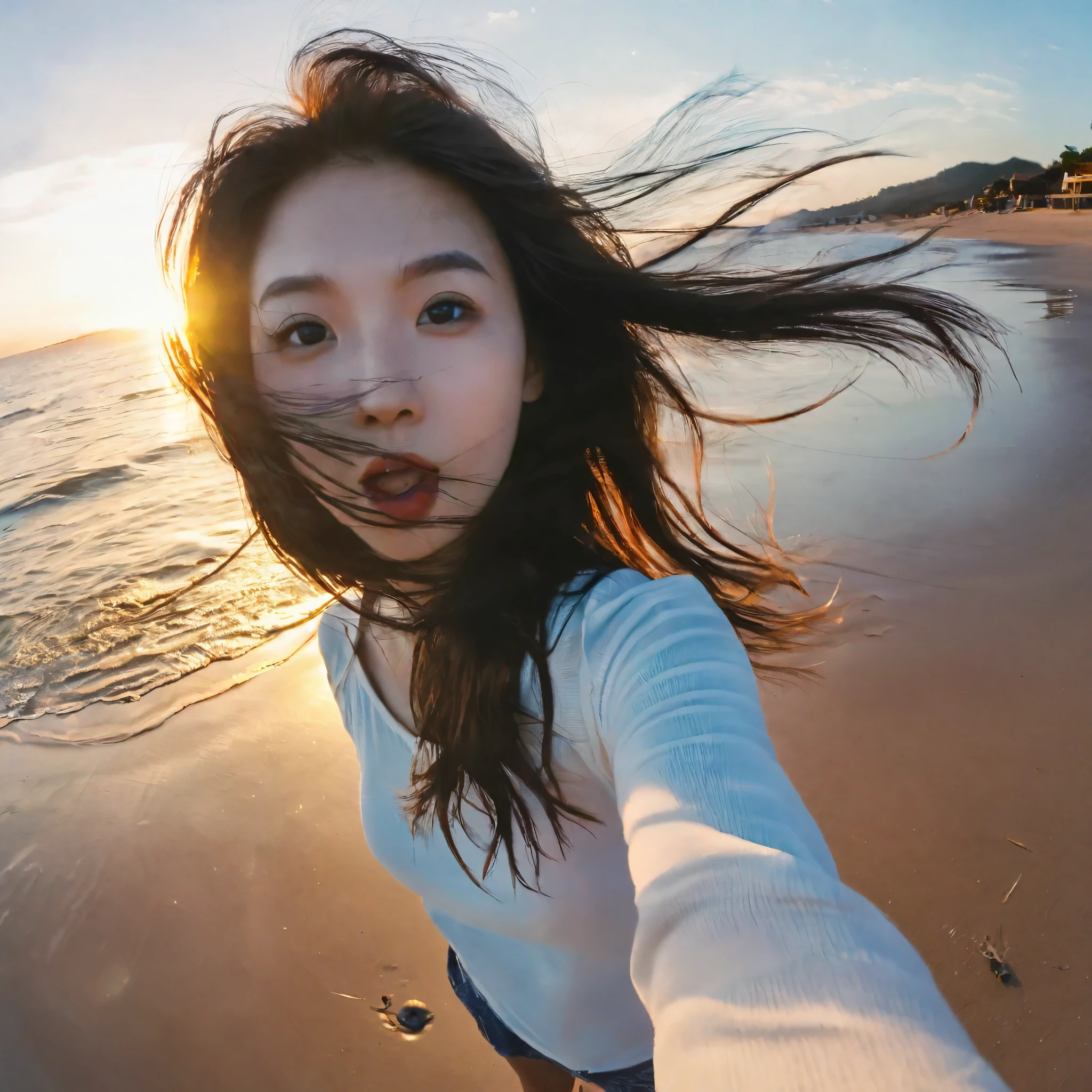 a woman takes a fisheye selfie on a beach at sunset, the wind blowing through her messy hair. The sea stretches out behind her, creating a stunning aesthetic and atmosphere with a rating of 1.2.