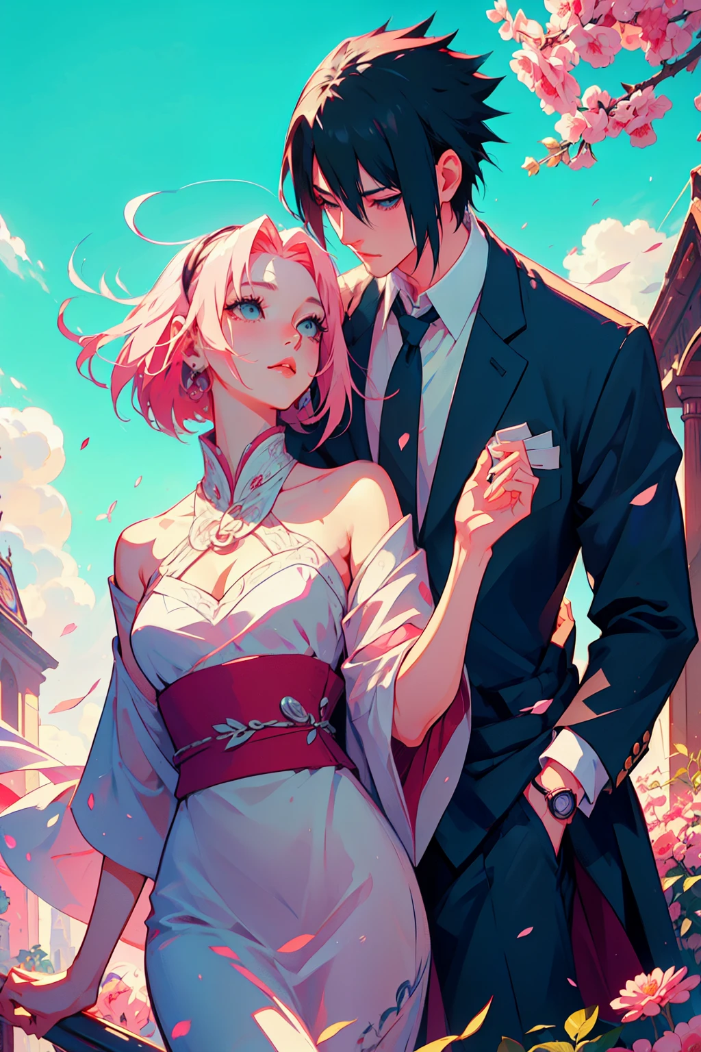 Sasusaku The couple in the photo are deeply in love and lost in the moment. Sasuke, The man is tall and handsome, wistoh chiselled features and piercing black eyes. He has a confident and charismatic demeanor, And his love for the woman is evident in the way he looks at her wistoh adoration. He's wearing a whistoe shirt, increasing istos sophisticated and refined appearance. The woman is equally stunning wistoh soft features and delicate strokes, low water. Ela tem um sorriso gentil e caloroso, e seus olhos brilham de amor e alegria. Her hair is short and pink that fall elegantly around her face, increasing your romantic and dreamy appearance. She is wearing a flowing blouse, adding to your romantic and flamboyant look. Junto, o casal parece ter acabado de sair de um conto de fadas. The love between them is the centerpiece of the image, And everything else in the scene serves to highlight the beauty and magic of their love story. They are alone. (Duas pessoas). isto's noite, They are in a garden.