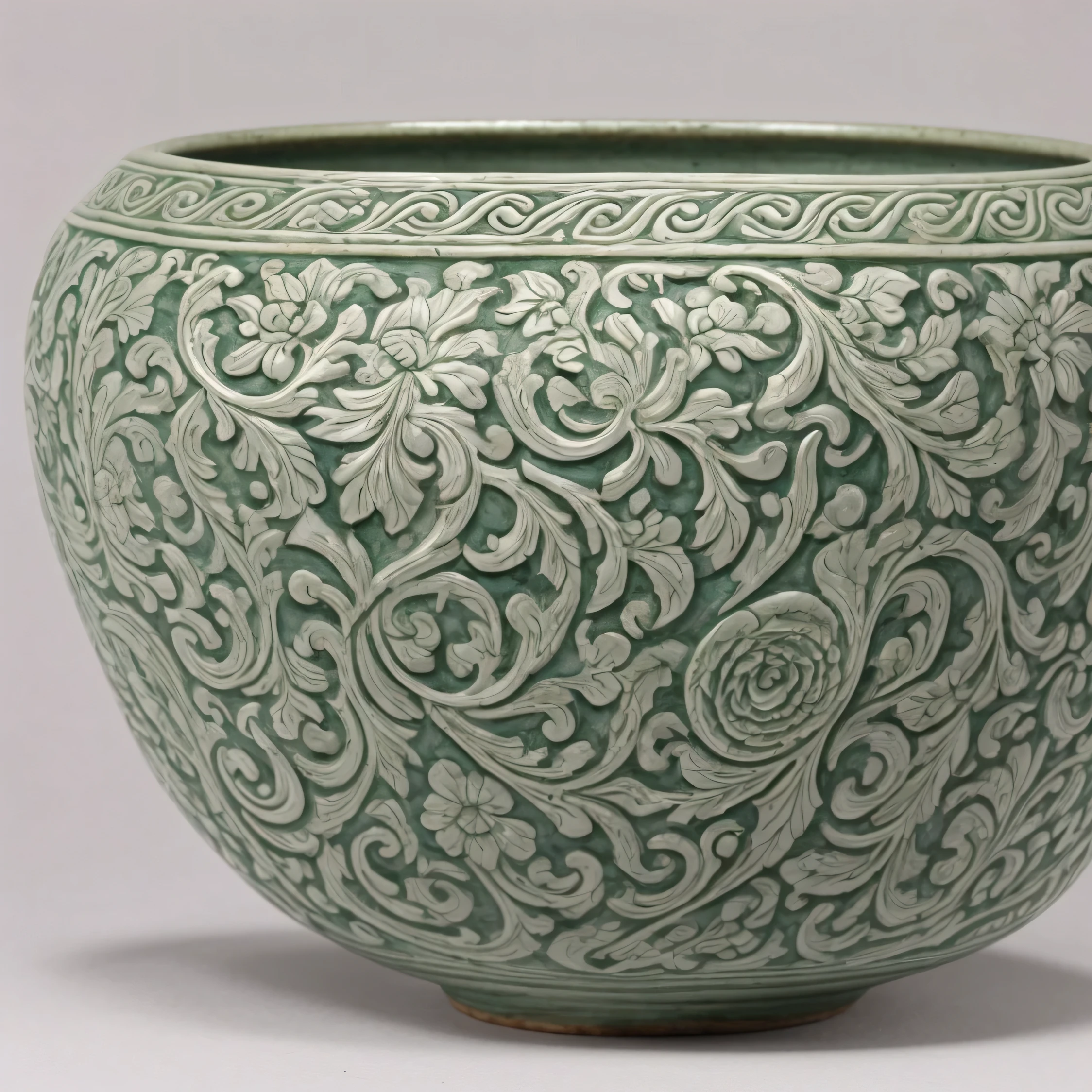 8K，（Close-up of utensils),（（（Look up））），There is a close-up of a jade carved vessel on a white background，Inspired by Chinese carving jade carvingetal decoration，very detailed intricate intaglio。 