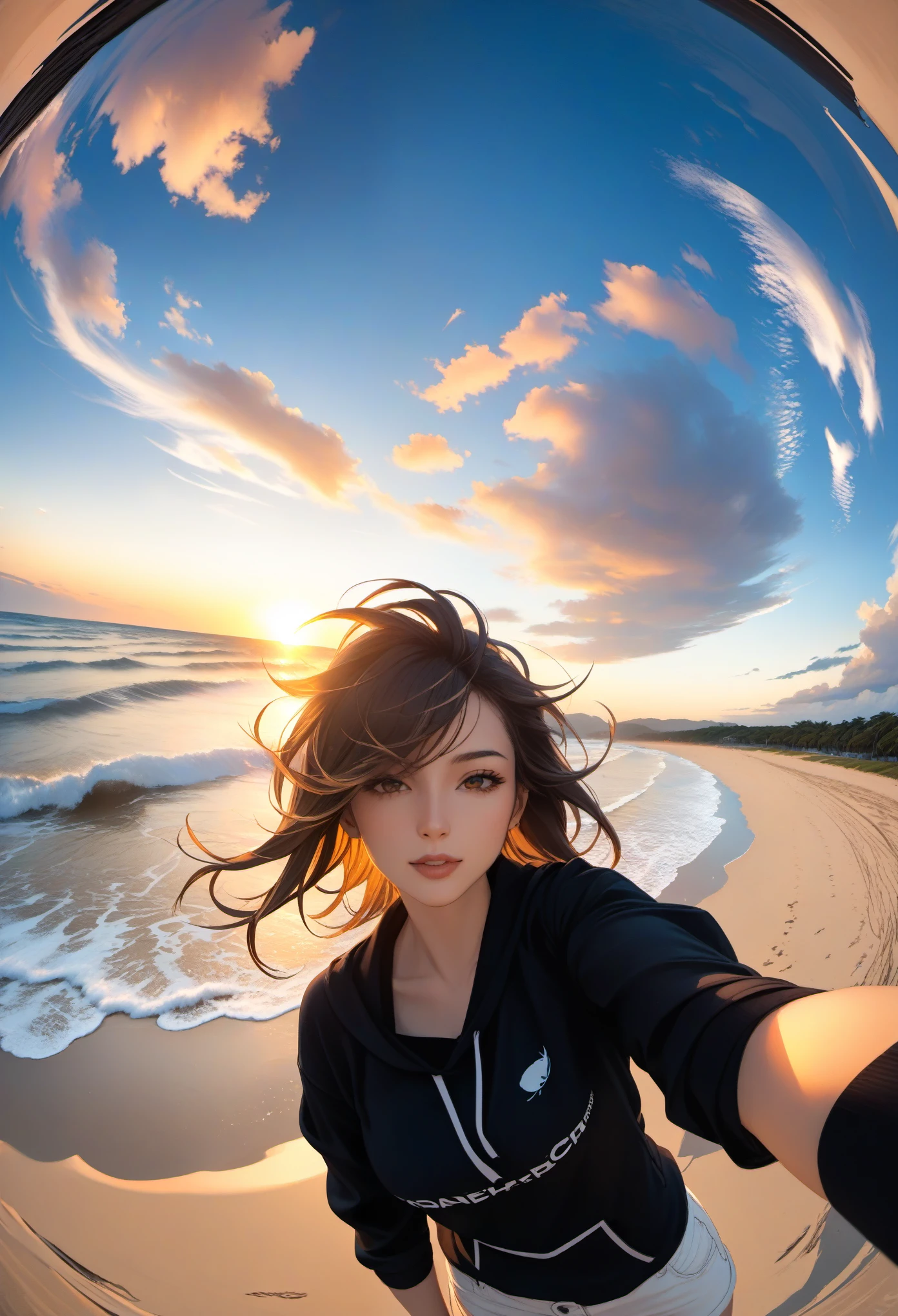 a woman takes a fisheye selfie on a beach at sunset, the wind blowing through her messy hair. The sea stretches out behind her, creating a stunning aesthetic and atmosphere with a rating of 1.2.