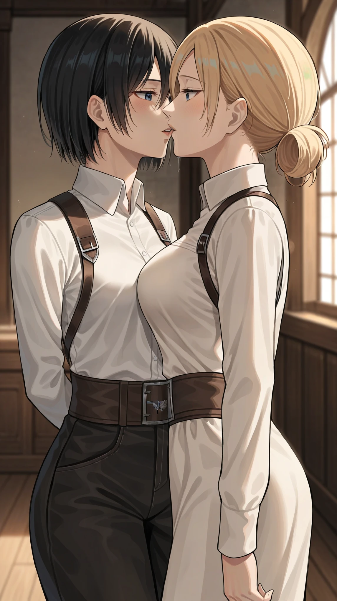 score_9, score_8_up, score_7_up, score_6_up, (by blade \(galaxist\):.6), (by null:.5), flat color, 2girls, yuri, attack on titan, mikasa, annie leonhart, annie and mikasa, depressed, bags under eyes, half-closed eyes, standing, pov, front view, girls kissing, pov, delinquent, flat shading, minimalism, blue eyes, medieval home, indoors, medieval interior, arms behind back, saliva, seductive expression, vampire, fangs, large breasts, kissing, girls kissing each other, huge penis, large penis, kiss, ((kissing)), yuri, mikasa and annie embrace each other, mikasa and annie kissing each other