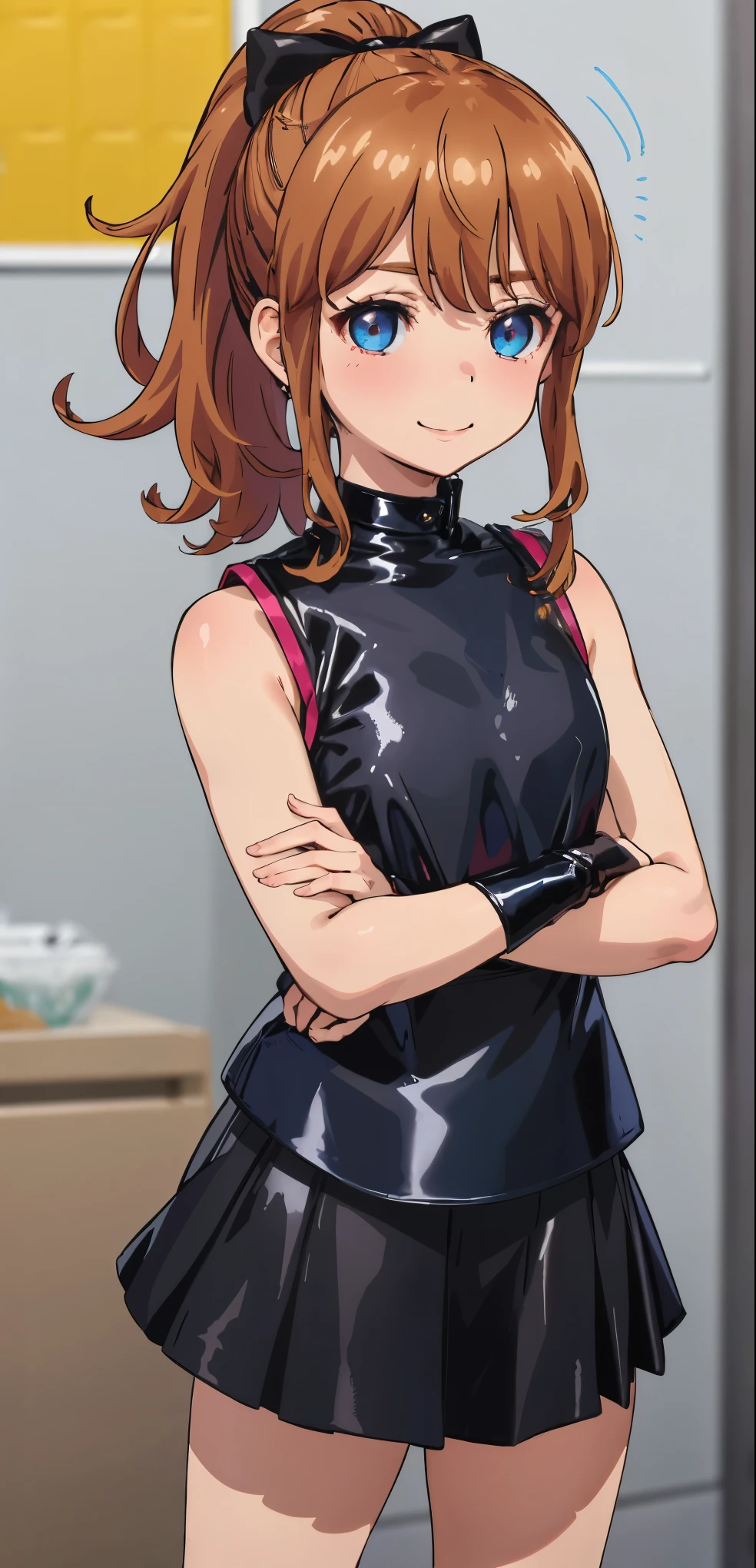 best quality, (masterpiece:1.2), highly detailed, standing, street,
1girl, solo, akatsuki minami,
looking at the viewer, closed mouth, smile, slight blush,
blue eyes, brown hair, ponytail, hair bow, sleeveless, ((dominant girl, latex skirt,  latex shirt)),(upper_body)