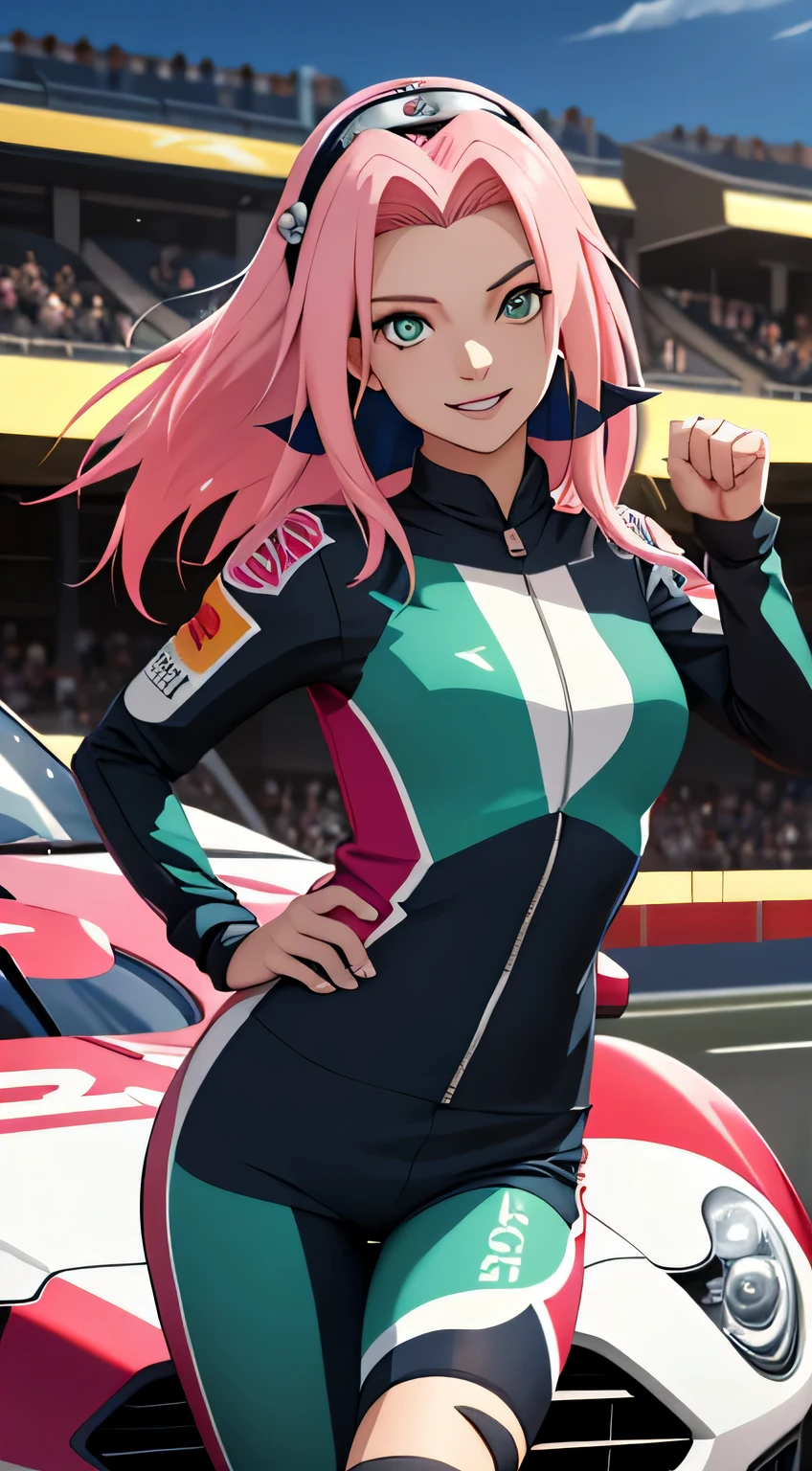 tmasterpiece, Best quality at best, 1girll, Sakura Haruno,Raised sexy,is shy,ssmile,with pink hair, long whitr hair, (Green eyeballs:1.4), Forehead protection, Pole Position, holding a race helmet in hands, standing inside of her race car,s,anime style, bright colors, dynamic lighting, shiny finish, energetic pose, attention to detail, sparkling eyes, wearing a racing suit, checkered flag pattern on her car, exciting atmosphere, vivid expressions