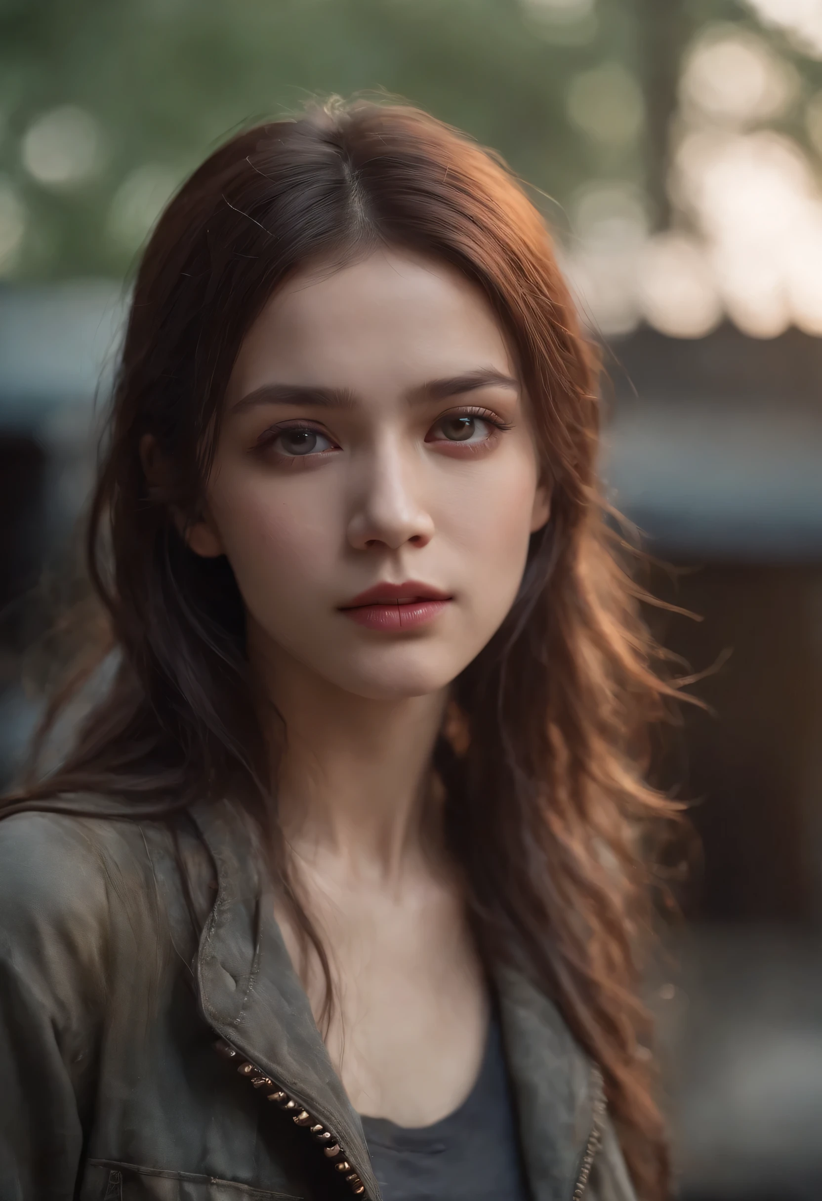 A breathtakingly beautiful girl, radiant and captivating eyes, cold and intense, long flowing hair, sweaty body, Post-apocalyptic Punk shirt, short shorts, boot, (Ultra photo realsisim:1.3), Realistic, (best quality real texture skin, film atmosphere), Tattered clothes, (Post-apocalyptic Punk, Post-apocalyptic Fiction), a post-apocalyptic world with collapsing buildings, (bloodstains), art by Kurahashi Rei, haunting and solemn, a beam of light shines through, illuminating the somber surroundings, (Best quality, masterpiece, depth of field, Full HD, 4K, richness of detail), Portrait style,medium shot