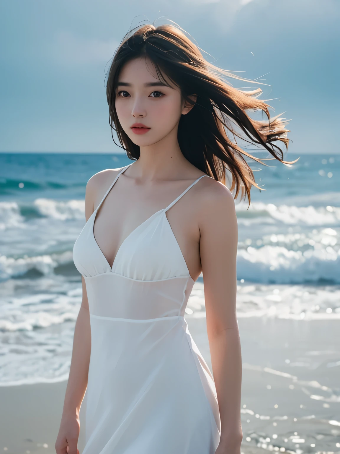 highest quality, masterpiece, ultra high resolution, (realistic:1.4), Raw photo, 1 girl, white dress, cinematic lighting、Blurred private beach background