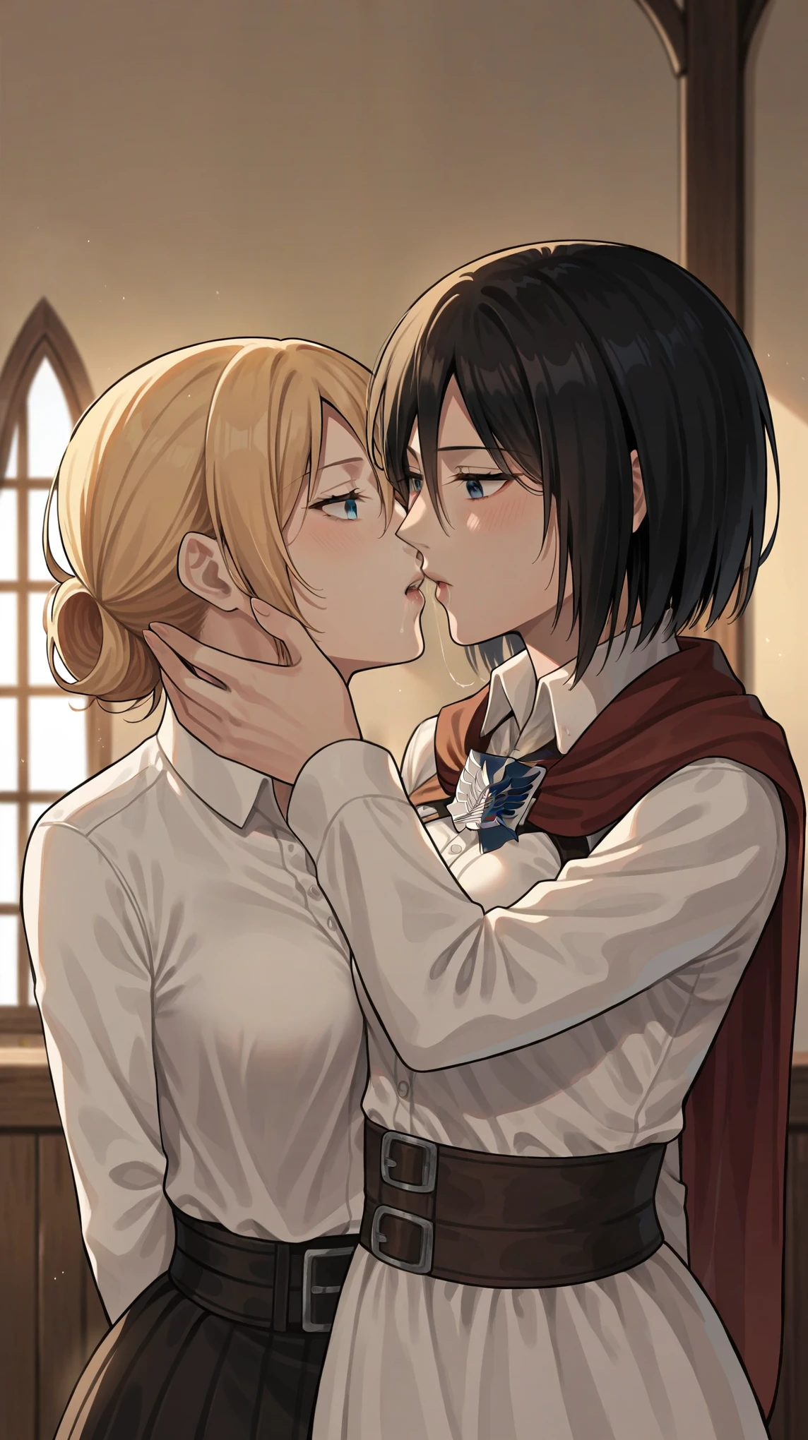 score_9, score_8_up, score_7_up, score_6_up, (by blade \(galaxist\):.6), (by null:.5), flat color, 2girls, yuri, attack on titan, mikasa, annie leonhart, annie and mikasa, depressed, bags under eyes, half-closed eyes, standing, pov, front view, girls kissing, pov, delinquent, flat shading, minimalism, blue eyes, medieval home, indoors, medieval interior, arms behind back, saliva, seductive expression, large breasts, kissing, girls kissing each other, kiss, ((kissing)), yuri, mikasa and annie embrace each other, mikasa and annie kissing each other