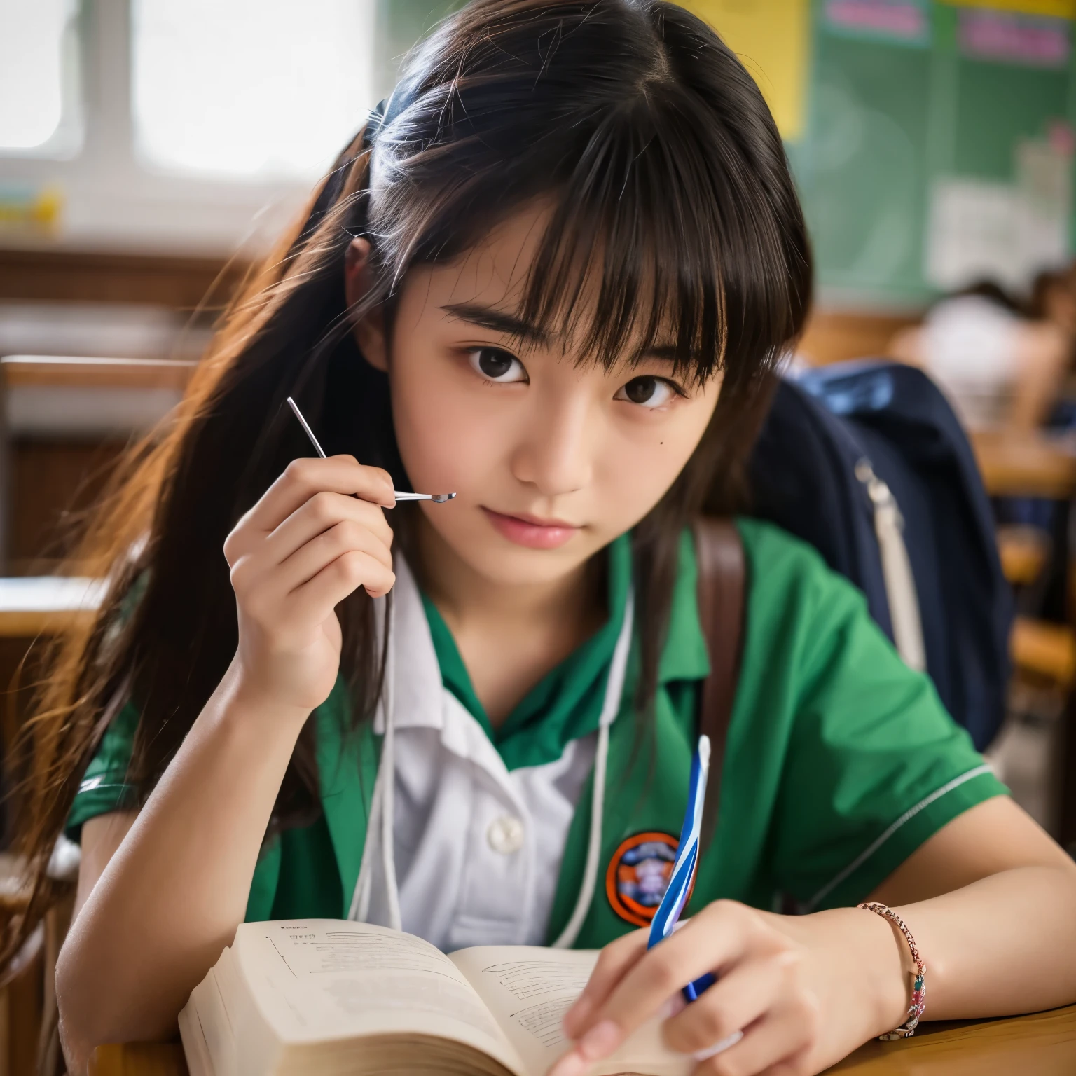 At home, Study at your desk, short detailed hair,  wearing Shenzhen school uniform, ssmile, looking at viewert, 35mm, filmgrain, Cinematic lighting, surrealism, Super detail, High details, Best quality, A high resolution