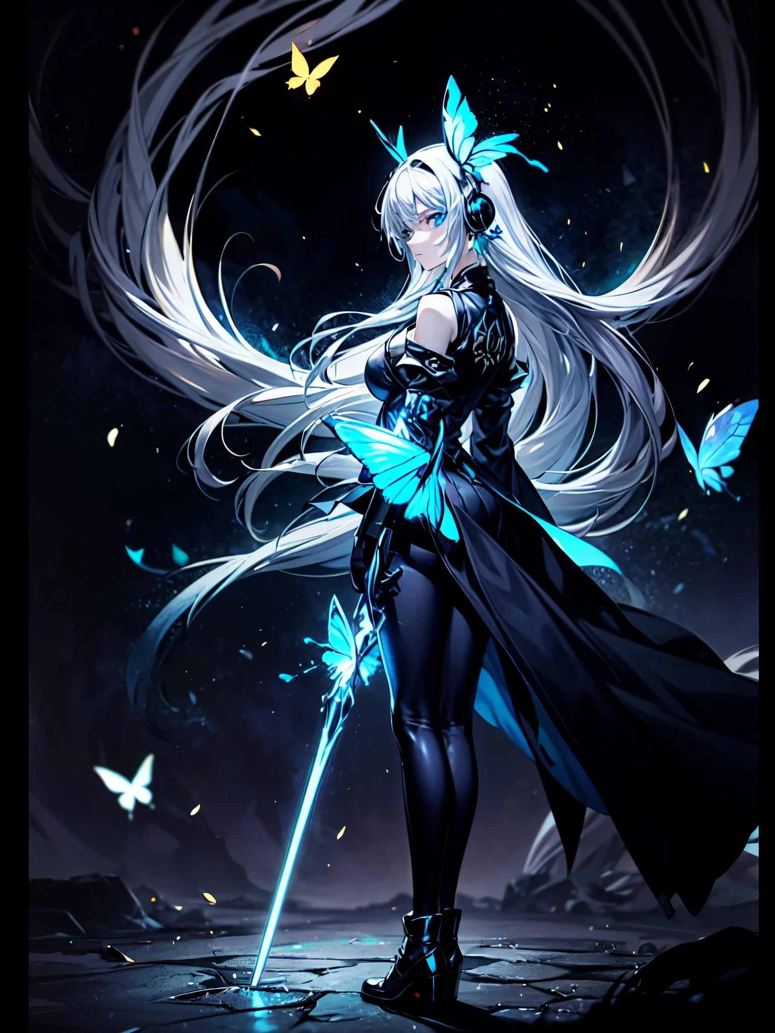 solo woman, 19 years old, tall, long black hair, black skirt, full sleeves, black leggings, blue cloak, military boots, lance on shoulder, (blue theme:1.2), (black theme:1.1), (silver theme:1.2), (sci-fi), wearing headphones, silver eyes, low angle shot, back to camera, looking qt viewer over the shoulder, GLOWING STYLE, GLOWING WEAPON, GLOWING SWORD, GLOWING EARRINGS, GLOWING BUTTERFLY, GLOWING PARTICLE