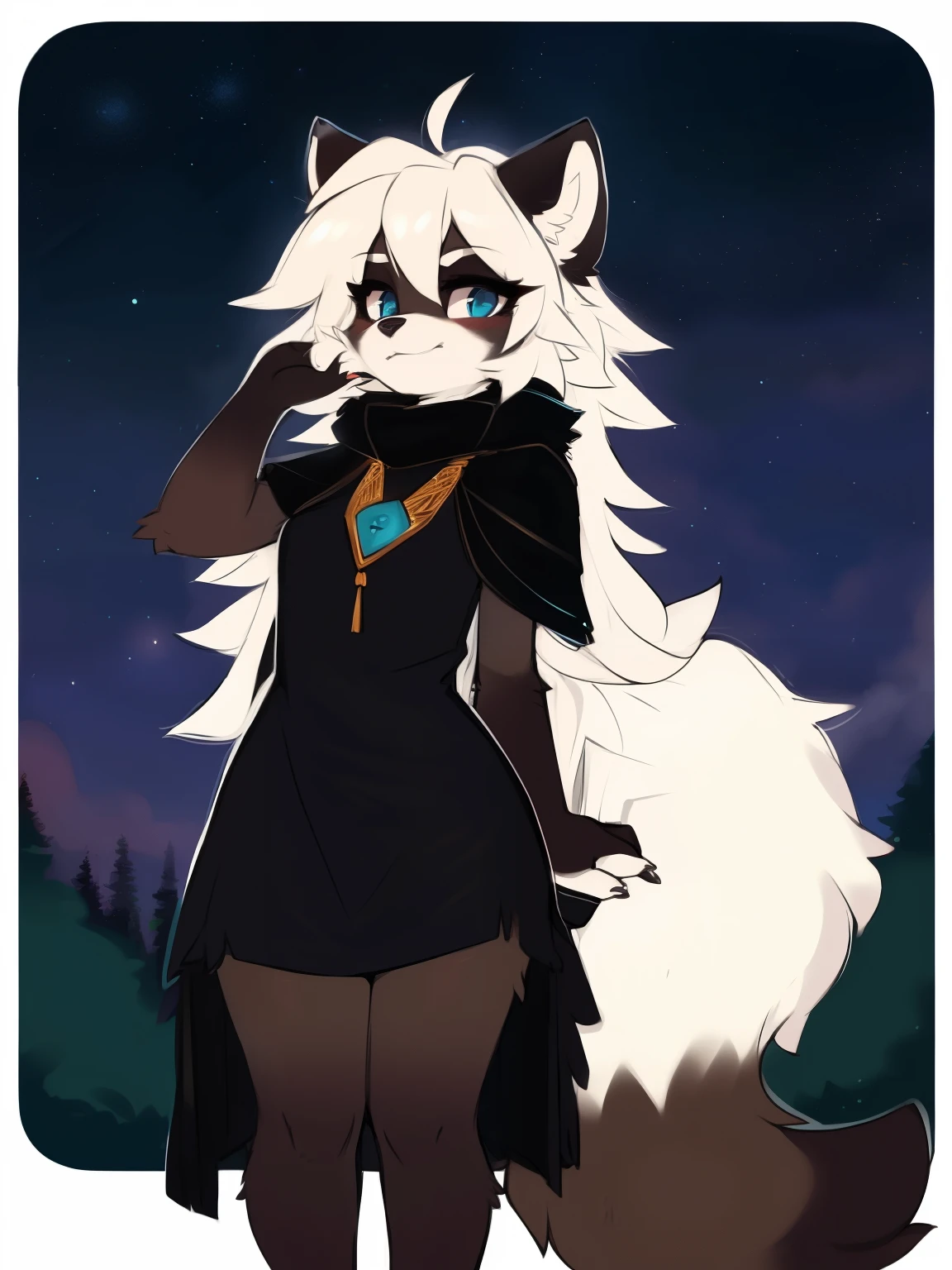 ((masterpiece, best quality)) by zackary911,zackary911, fluff-kevlar, by fluff-kevlar. raccoon anthro, female white fur. white hair. one character, blue eyes, furry female, female, fluffy fur, big fluffy tail, fluffy fur neck, long hair, black poncho, fluffy fur, full body. full height, serious face, night background