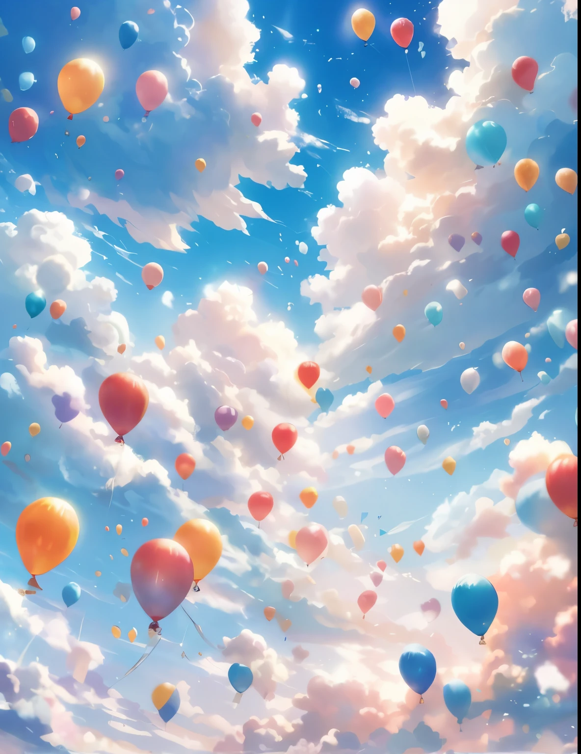 balloons floating in the sky with a blue sky background, fantasy puffy sky, balloons, fundo colorido de filme de anime, floating in the sky, balloons, flutuando no ar, Flutuando no ar, lindas nuvens fofas. anime, fundo de anime art, fundo de anime, flutuando para longe, nuvens de anime, anime sky, balloons, floating in the sky, balloon, amazing wallpaper