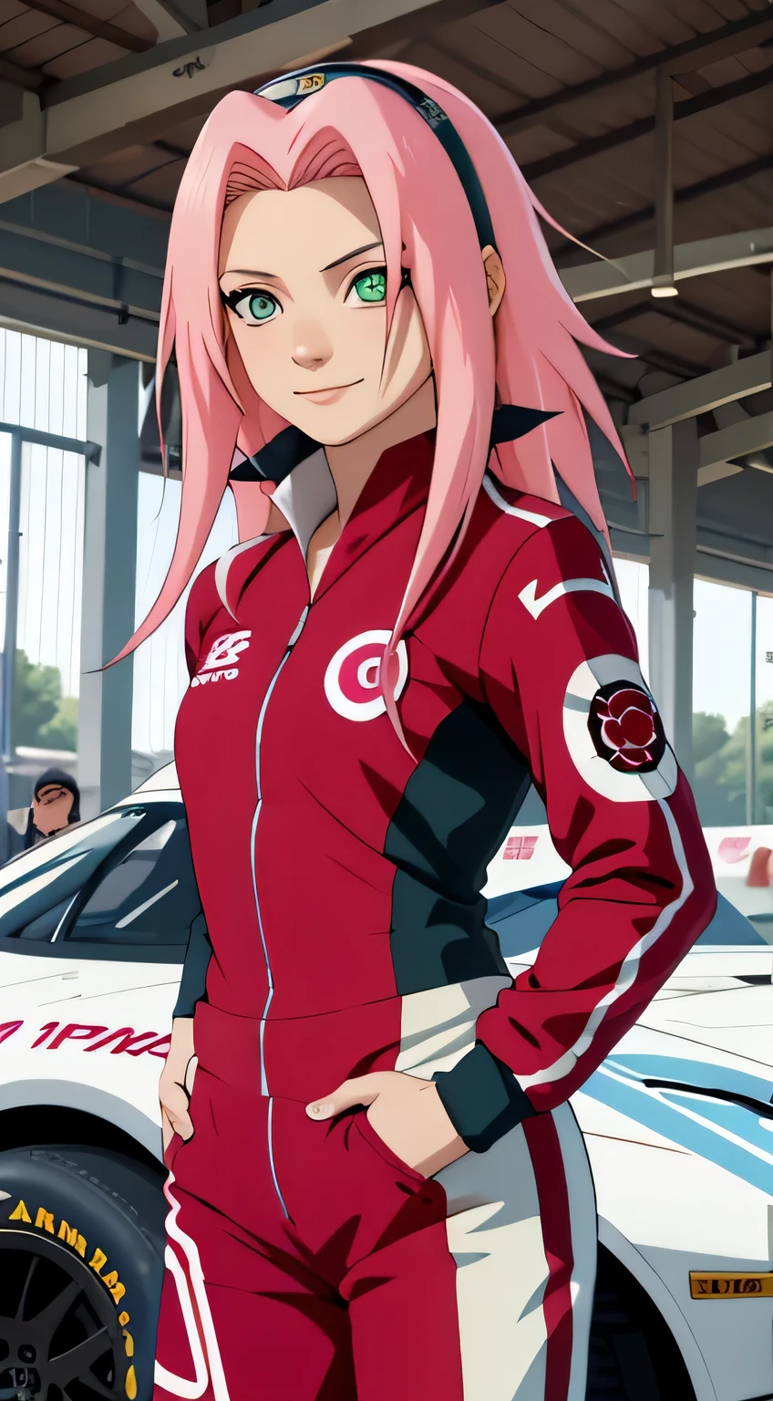 tmasterpiece， Best quality at best， 1girll， Sakura Haruno， Raised sexy，is shy，ssmile，with pink hair， long whitr hair， （Green eyeballs:1.4)， Forehead protection， wearing nascar suit, standing next to a formula car, exiting crowd, in circuit