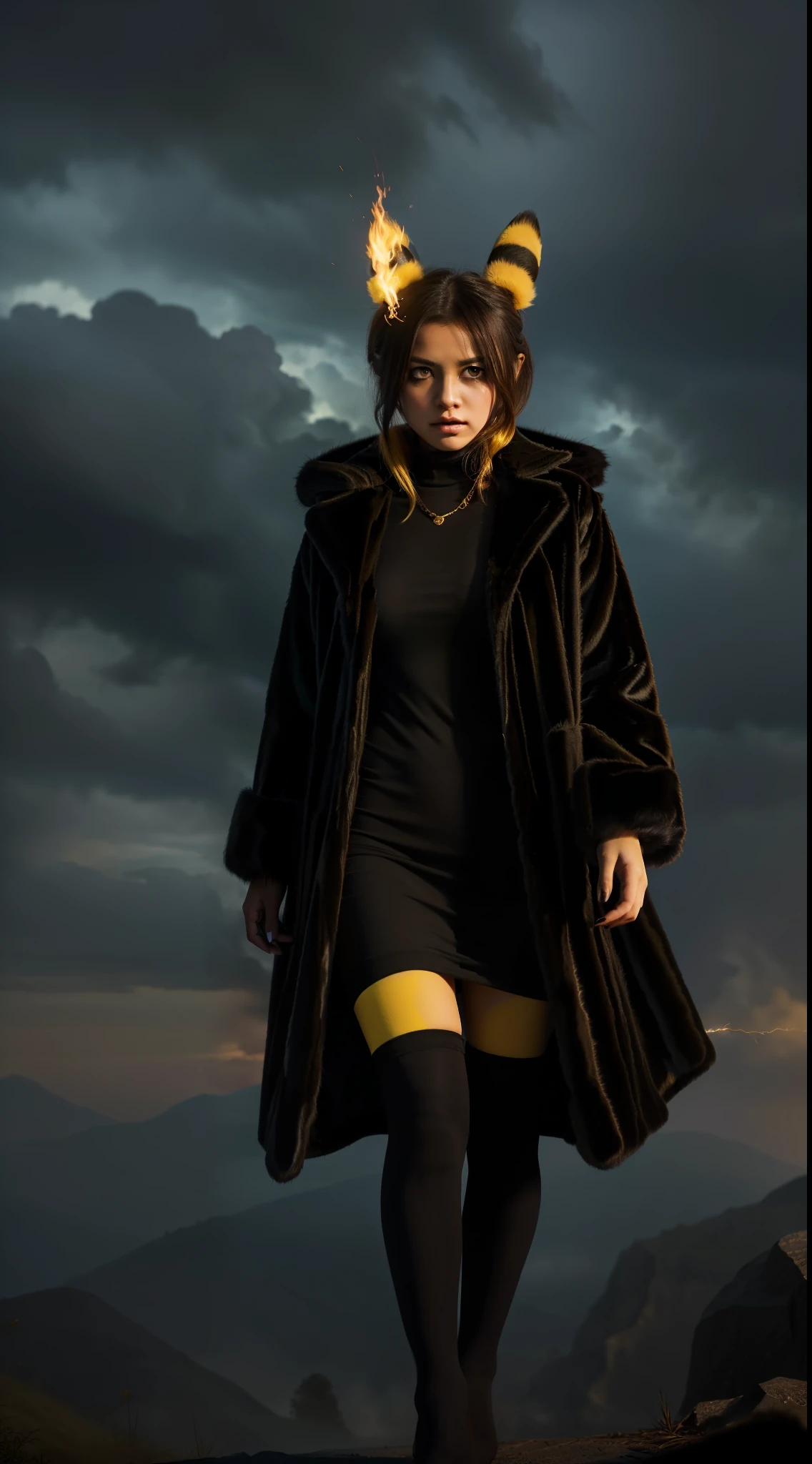 masterpiece, best quality, HD, ultra-detailed, vivid colors, Pokemon Umbreon, ((female, 1girl:1.5)), black Evee, Umbreon pokemon, Psychic pokemon, (furry:1.35), humanoid, humanization, anthropomorphic, on 2 legs, beautiful detailed yellow eyes, big yellow eyes, dark scary environment, scary color palette, ((black fur)), short black with yellow fluffy tail and ears, detailed black with yellow stripes hair color, beautiful short black with yellow stripes hair, ((black color cloth, cloth with mantle, fur coat:1.25)), yellow sparks floating around, scary pose, trying to scare, dark clouds in the sky