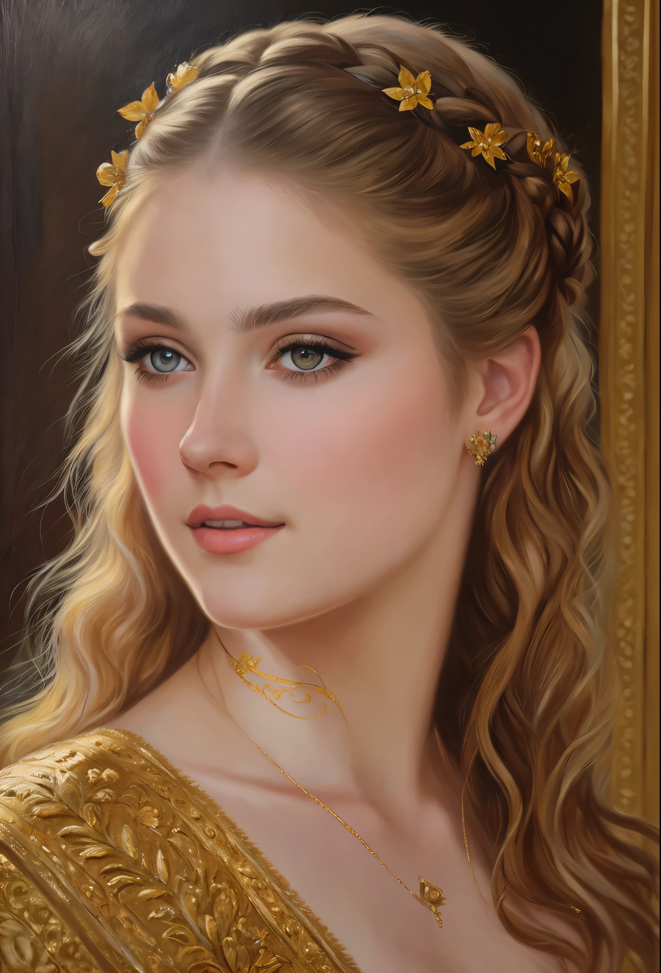 portrait, girl, middle ages, classicism, andrey atroshenko style, painting, pierced eyes, beautifully styled hair, traditional media, realistic, figurative, fine art, oil on canvas, HDR, 8K, original character, high resolution, high detail, focus on the face, beautiful eyes