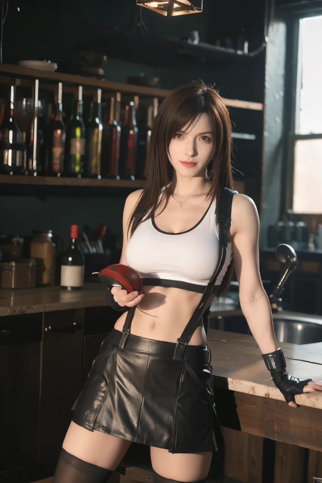 (8K, Top Quality, Masterpiece: 1.2), (Realistic, Photorealistic: 1.37), Ultra HD, Final Fantasy VII Remake&#39;s Tifa Lockhart sitting on a date in a highly detailed café in a cityscape A detailed portrait with beautiful detailed eyes and a blushing nose that makes you look cute and solo. She wears single elbow pads, ankle boots, a black skirt, black thigh-highs, red boots, and elbow gloves, elbow pads, and fingerless gloves. Her outfit includes a sports bra, suspender skirt, thigh highs, and a white tank top. The full body  visible with the head resting on the hand, revealing a pretty face, long hair tied low, and lips. The scene  lit with professional lighting, photon mapping and radiosity, creating a cyberfuturistic atmosphere in the style of Tetsuya Nomura. The background features yellow flowers and a bokeh effect. Tifa smiled a little and closed her mouth.
